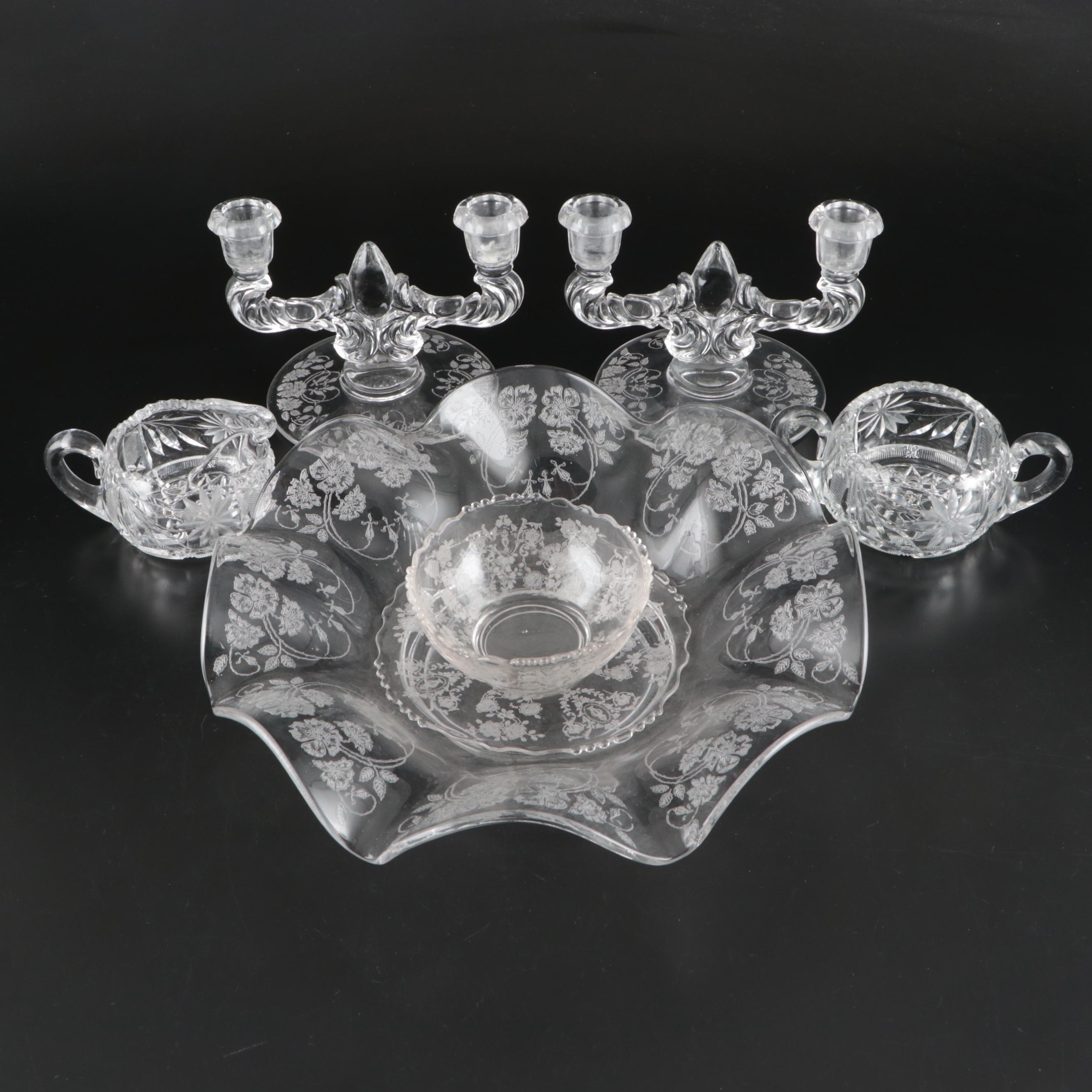 American Art Deco Style Glass Needle Etched and Other Table Accessories