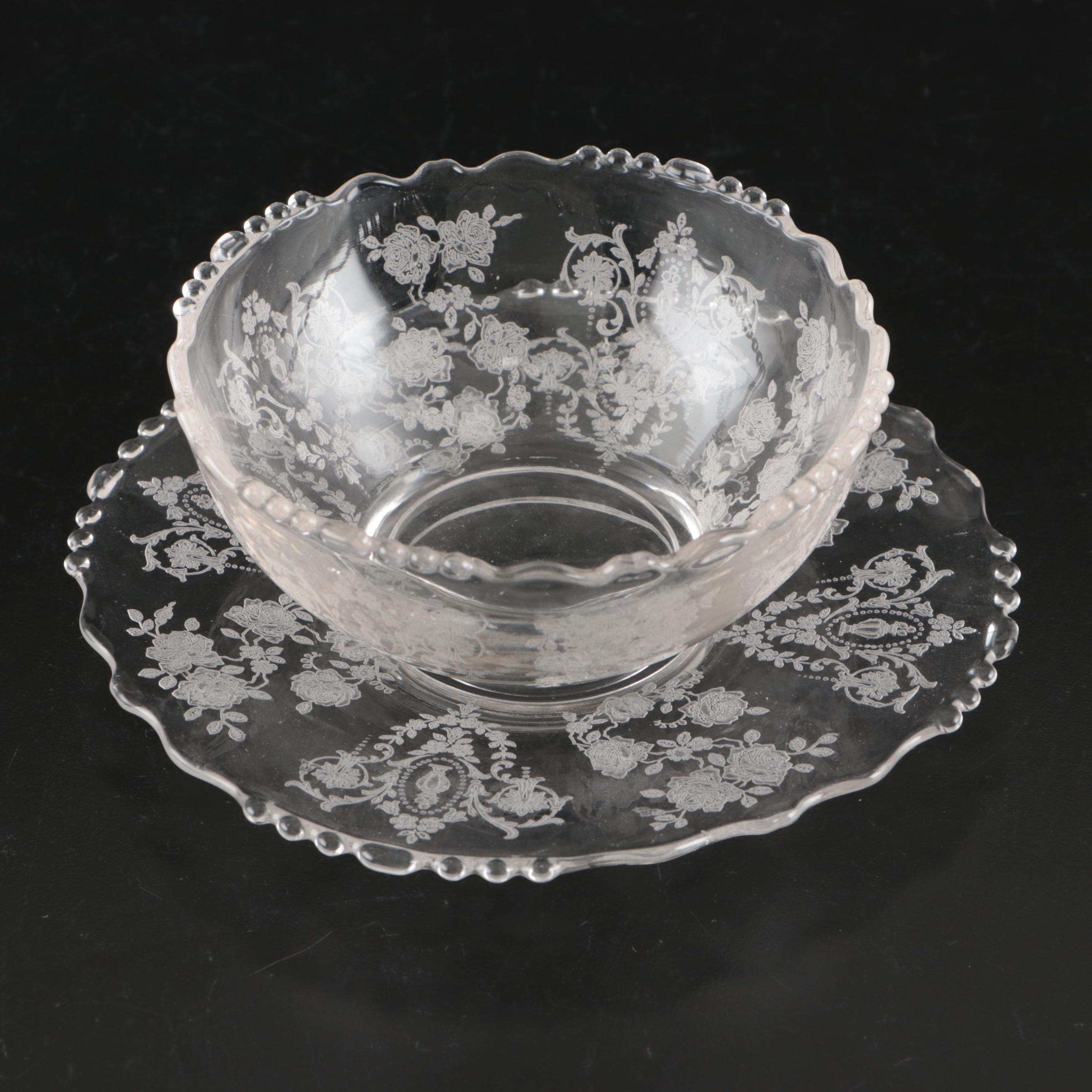 American Art Deco Style Glass Needle Etched and Other Table Accessories