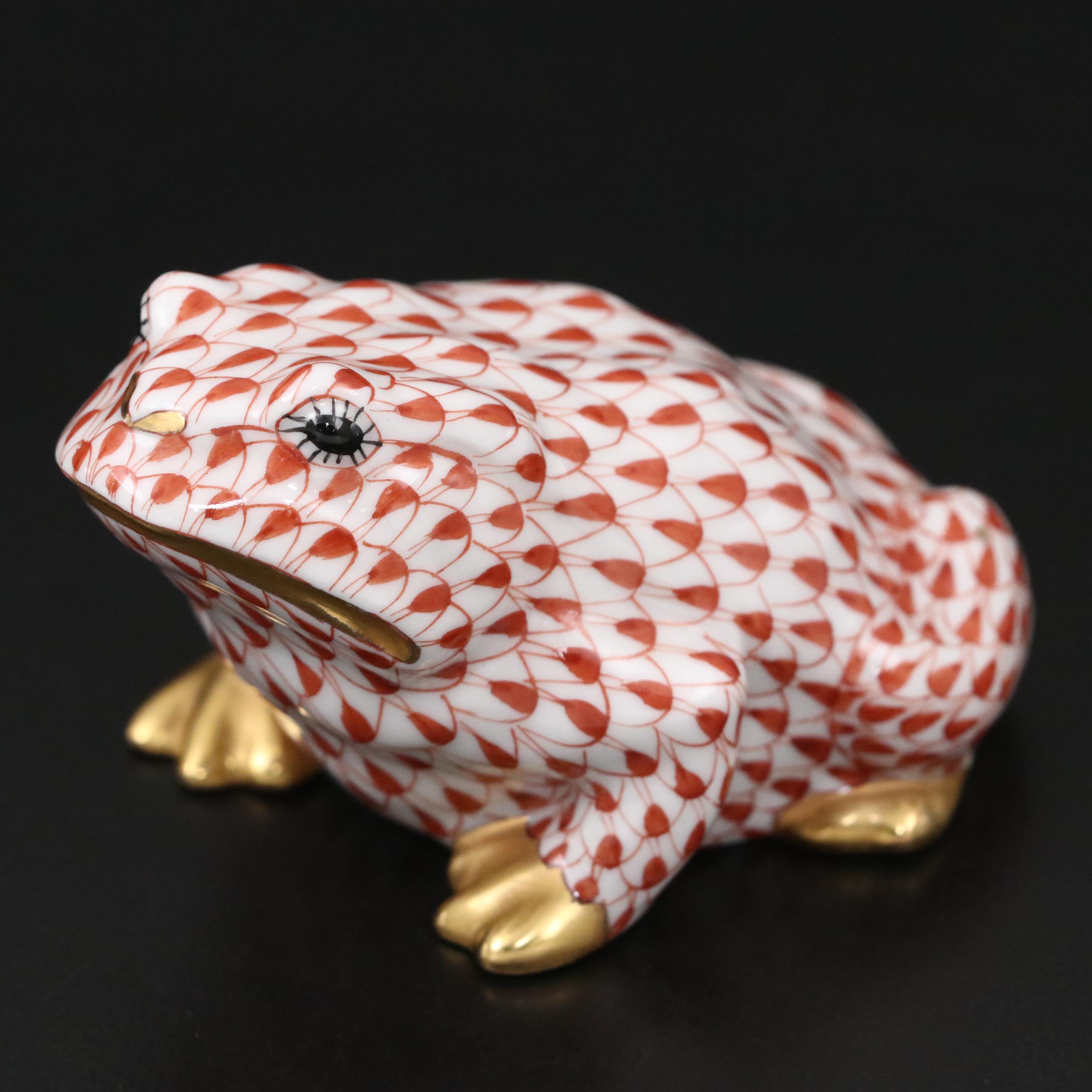Herend Rust Fishnet with Gold "Miniature Frog" Porcelain Figurine