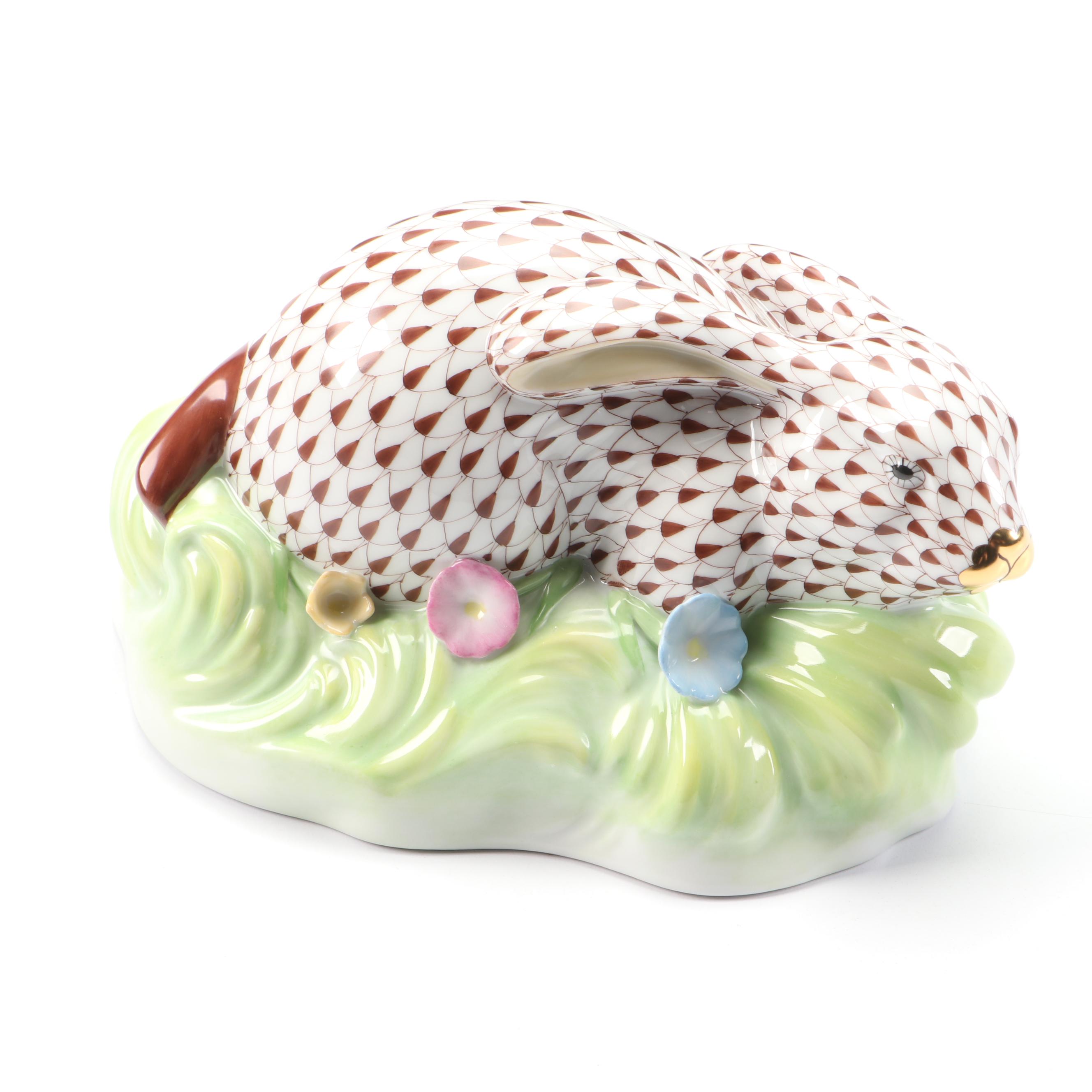 Herend Chocolate Fishnet with Gold "Rabbit in Grass" Porcelain Figurine