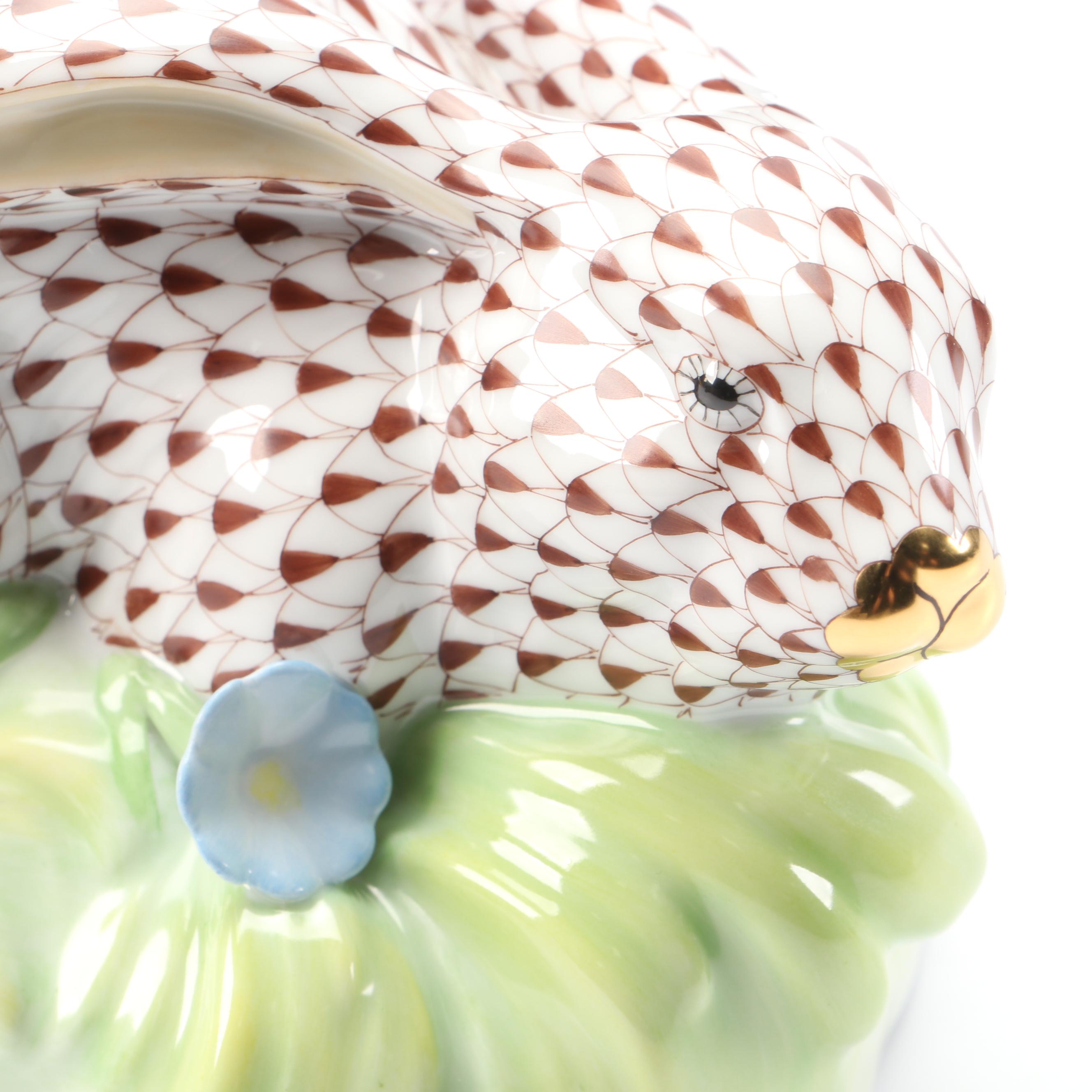 Herend Chocolate Fishnet with Gold "Rabbit in Grass" Porcelain Figurine