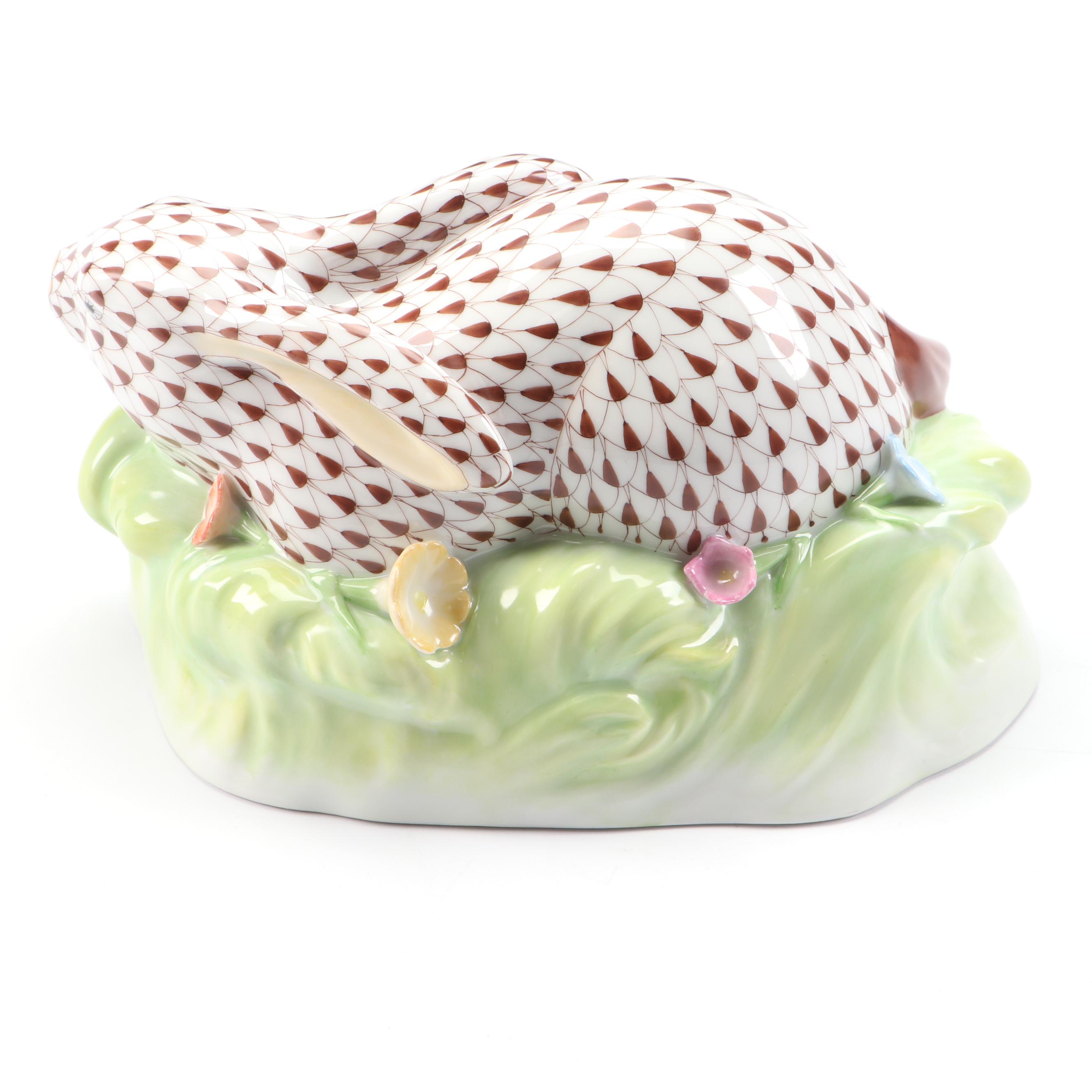 Herend Chocolate Fishnet with Gold "Rabbit in Grass" Porcelain Figurine