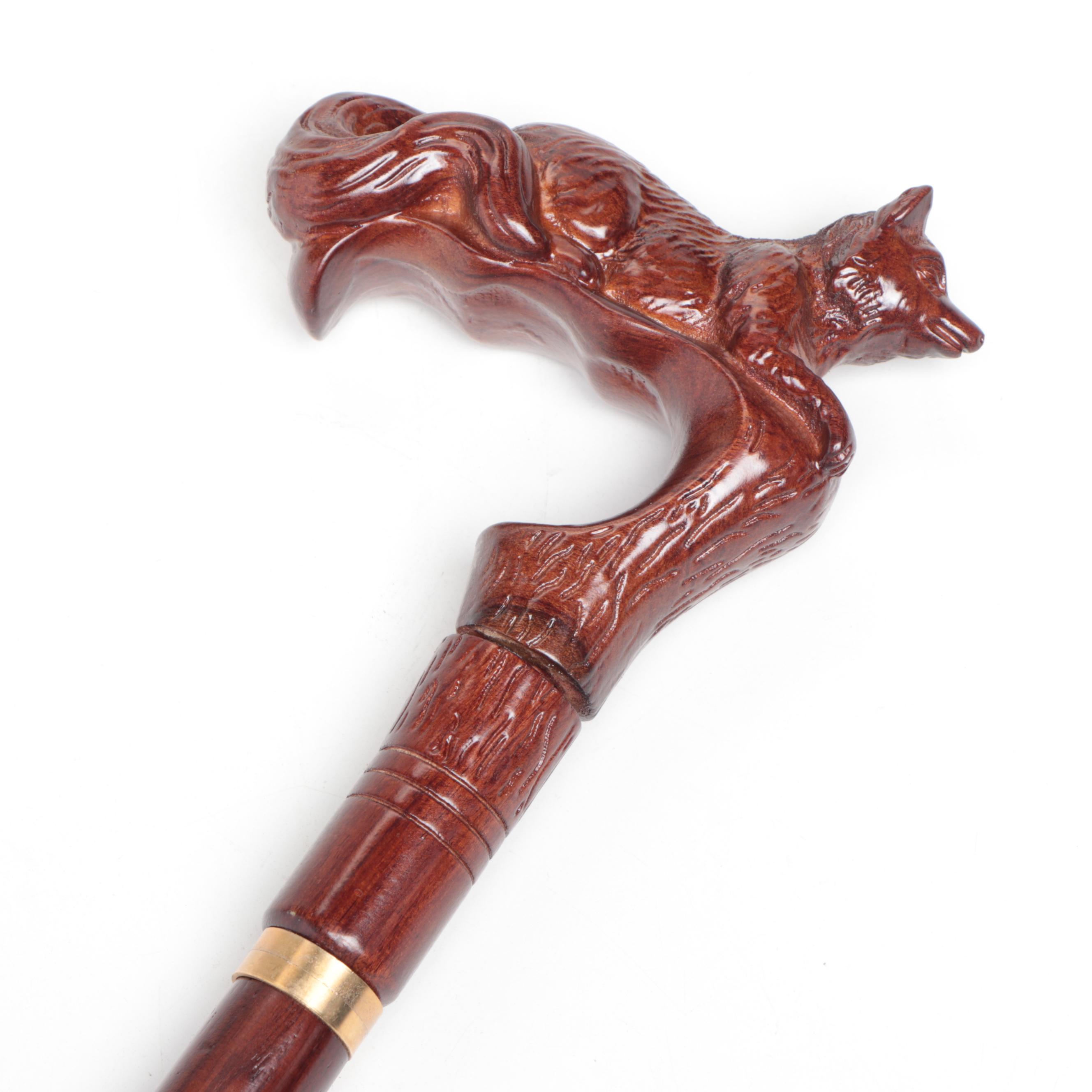 Resting Fox Carved Wood Derby Cane