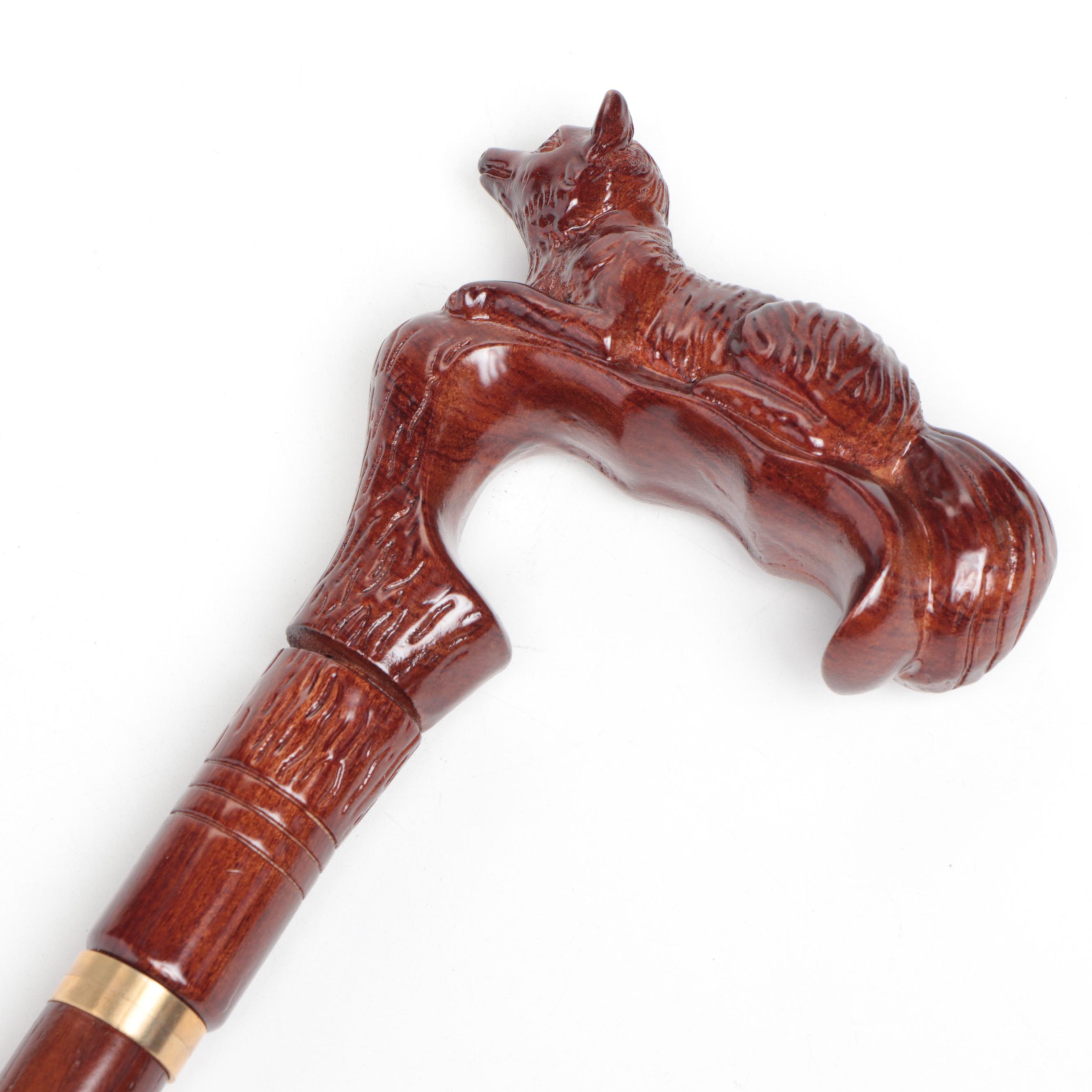 Resting Fox Carved Wood Derby Cane