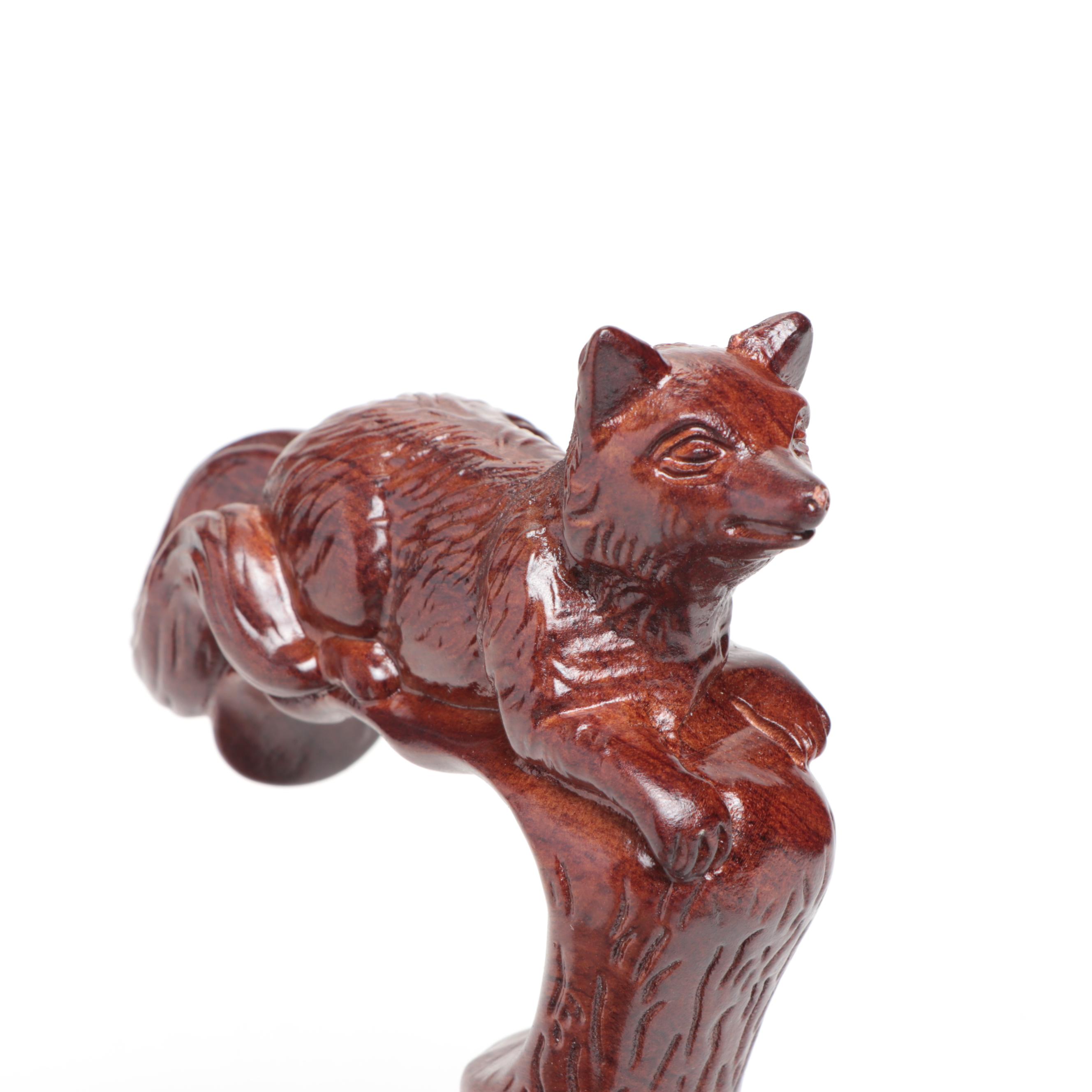 Resting Fox Carved Wood Derby Cane