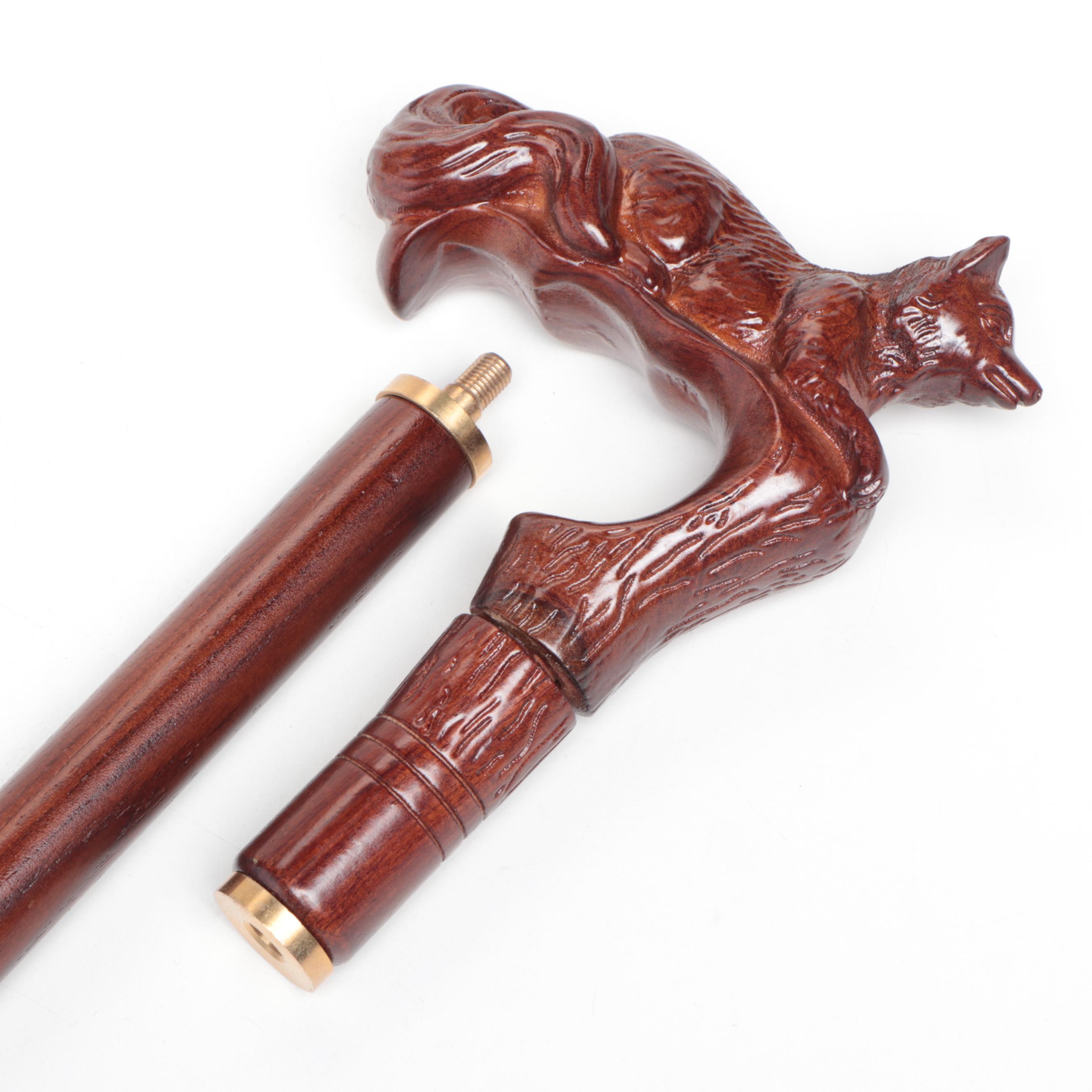 Resting Fox Carved Wood Derby Cane