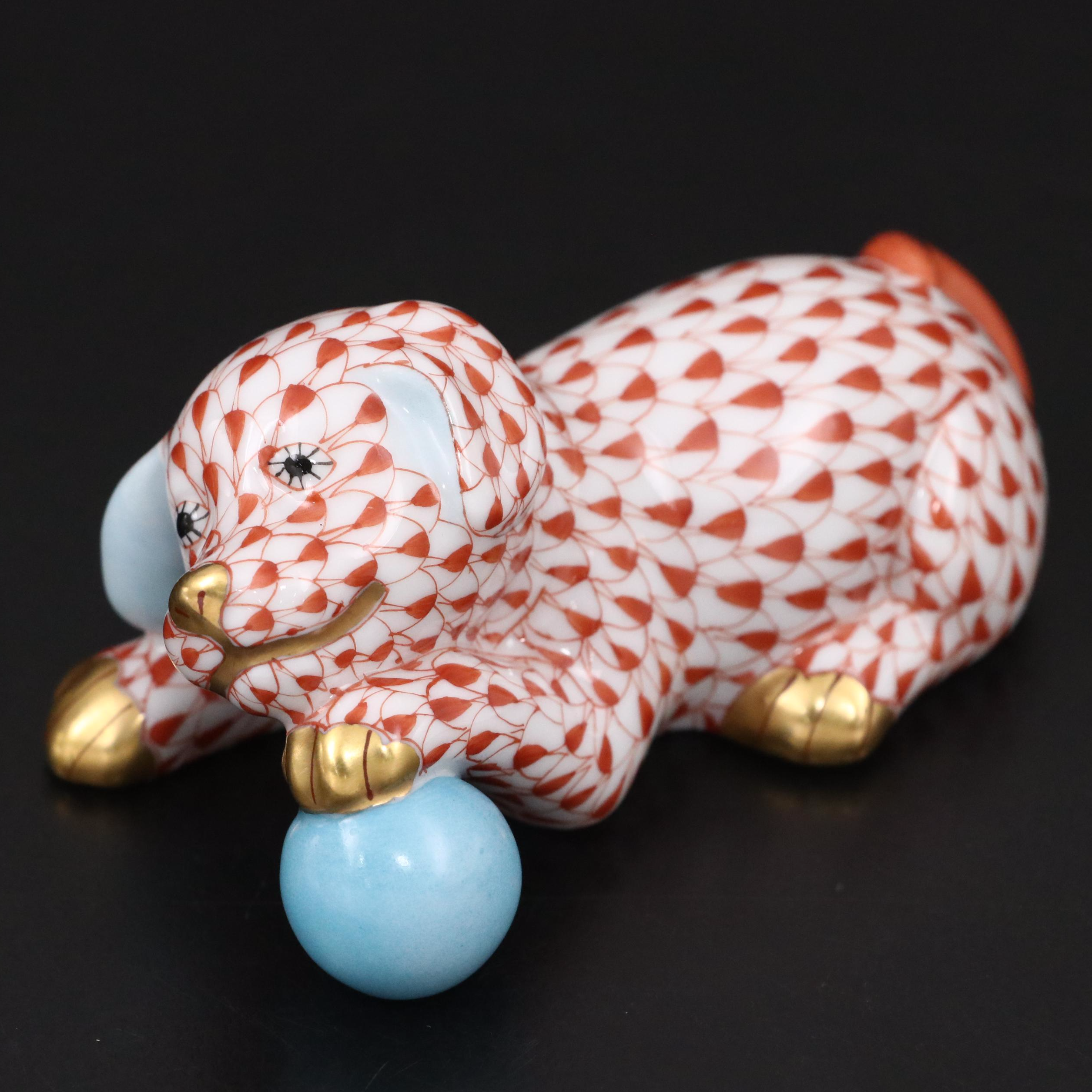 Herend Rust Fishnet with Gold "Puppy with Ball" Porcelain Figurine