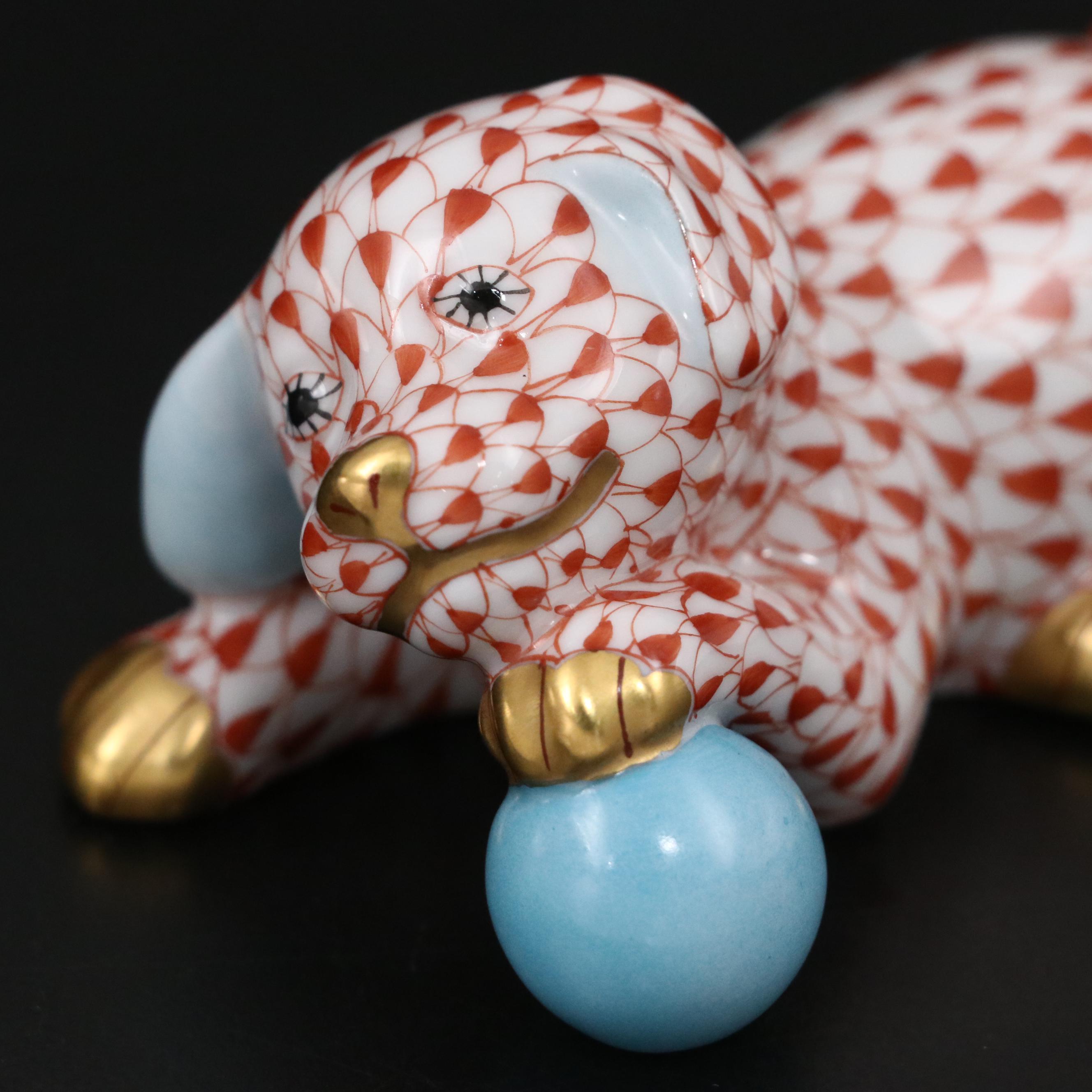 Herend Rust Fishnet with Gold "Puppy with Ball" Porcelain Figurine