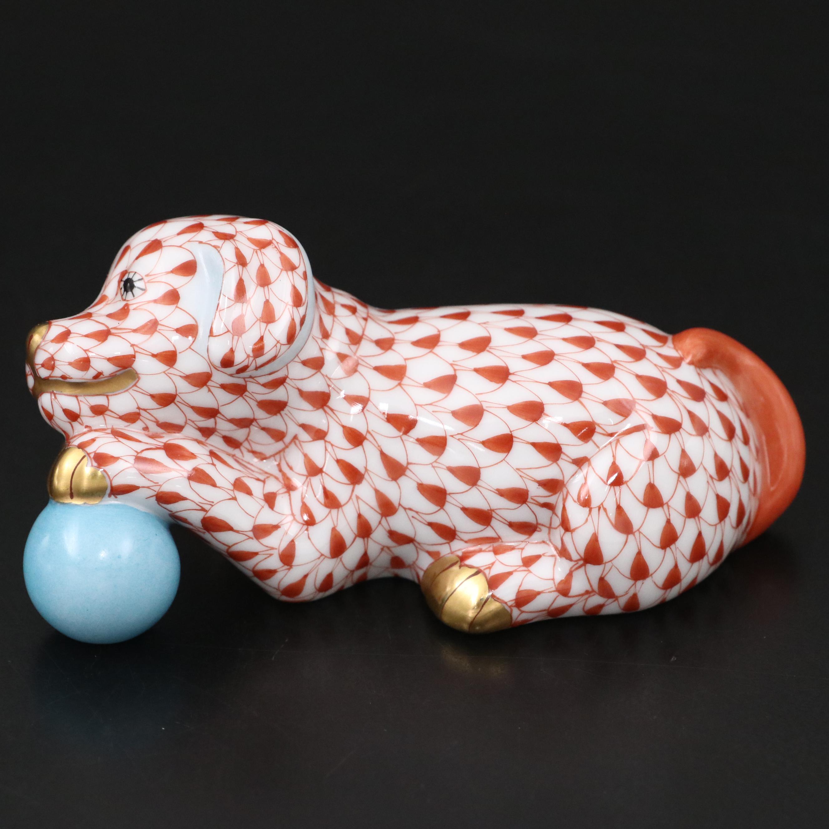 Herend Rust Fishnet with Gold "Puppy with Ball" Porcelain Figurine