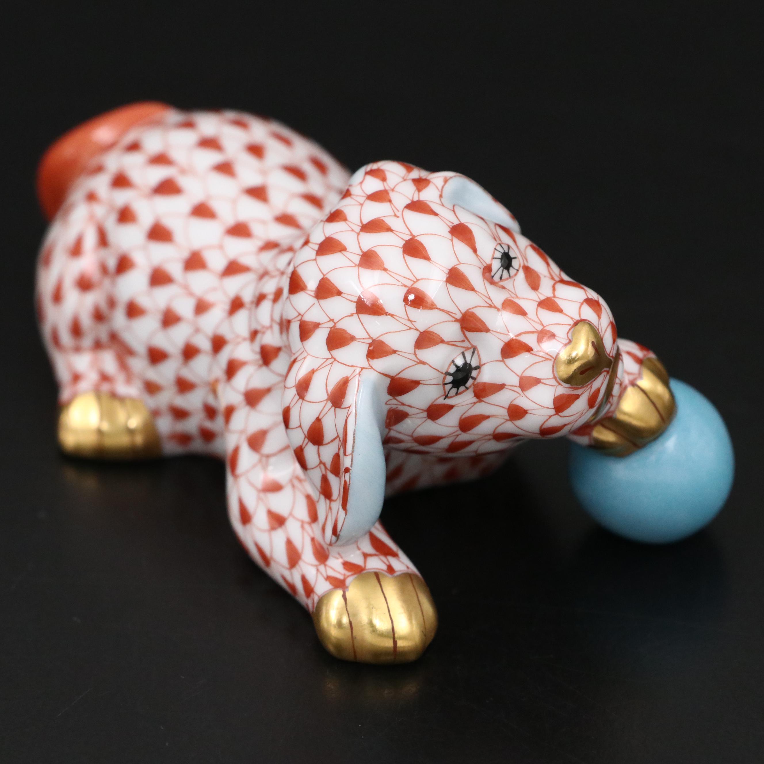 Herend Rust Fishnet with Gold "Puppy with Ball" Porcelain Figurine