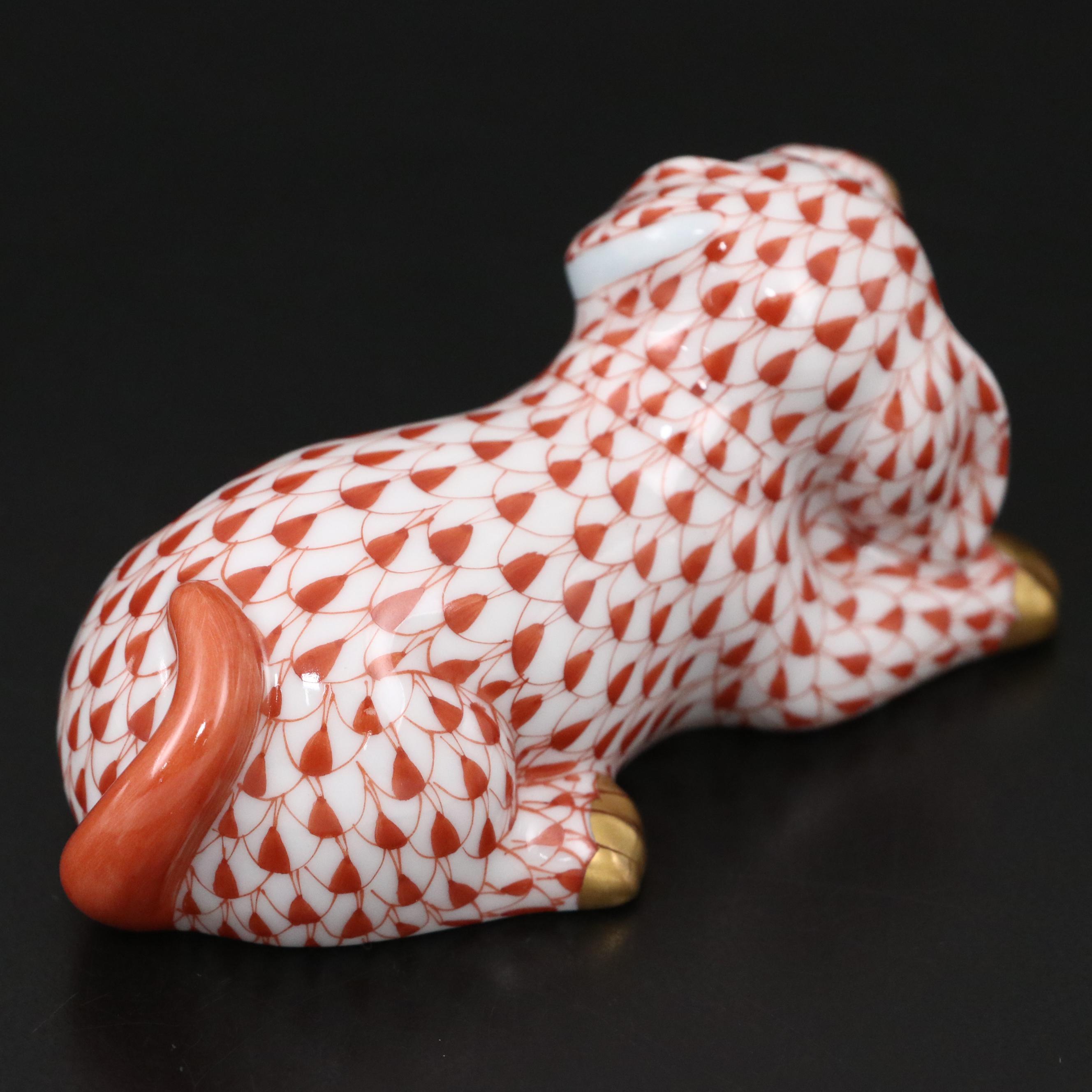 Herend Rust Fishnet with Gold "Puppy with Ball" Porcelain Figurine