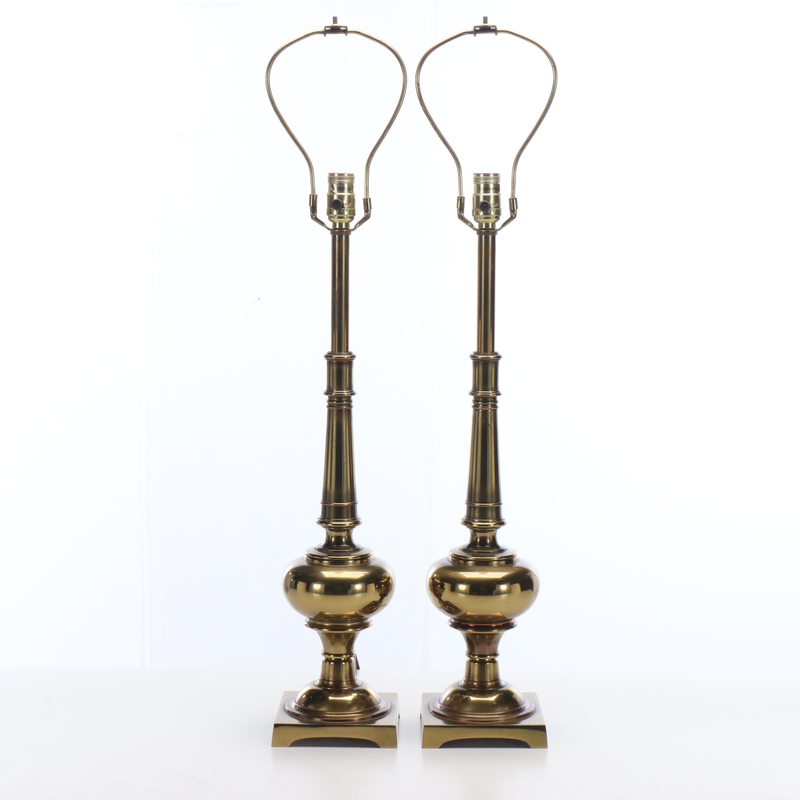 Pair of Stiffel Brass Tall Urn Table Lamps with Silk Panel Drum Shades