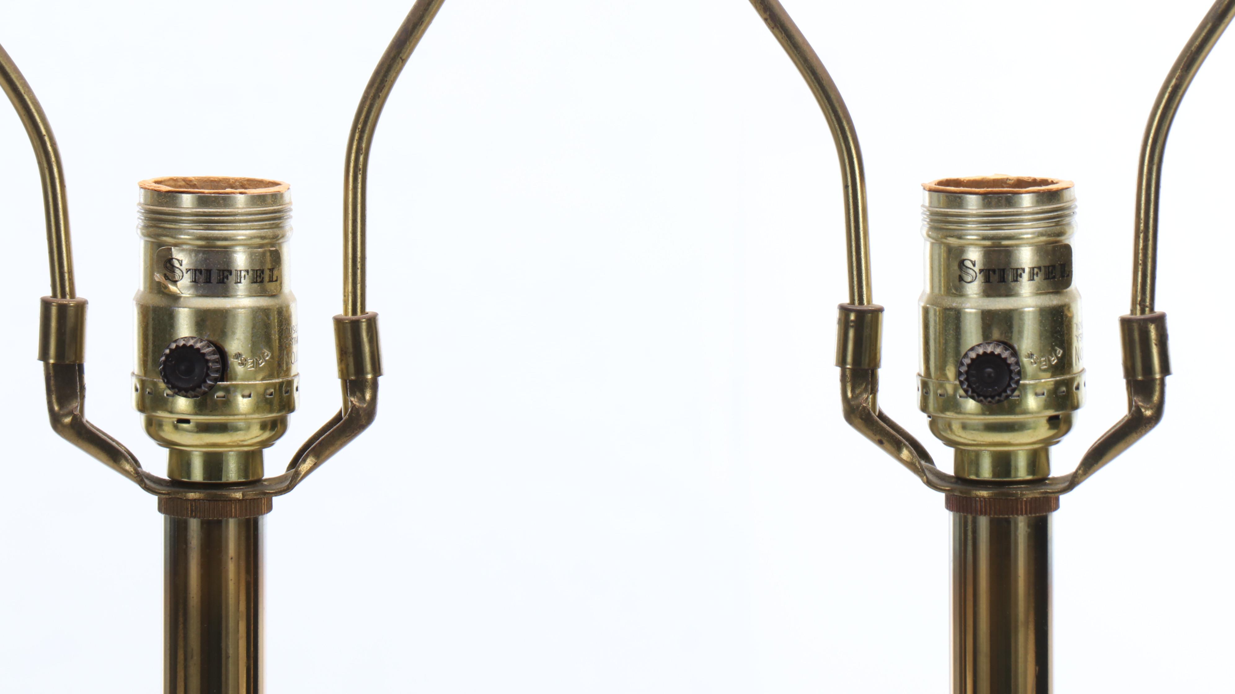 Pair of Stiffel Brass Tall Urn Table Lamps with Silk Panel Drum Shades