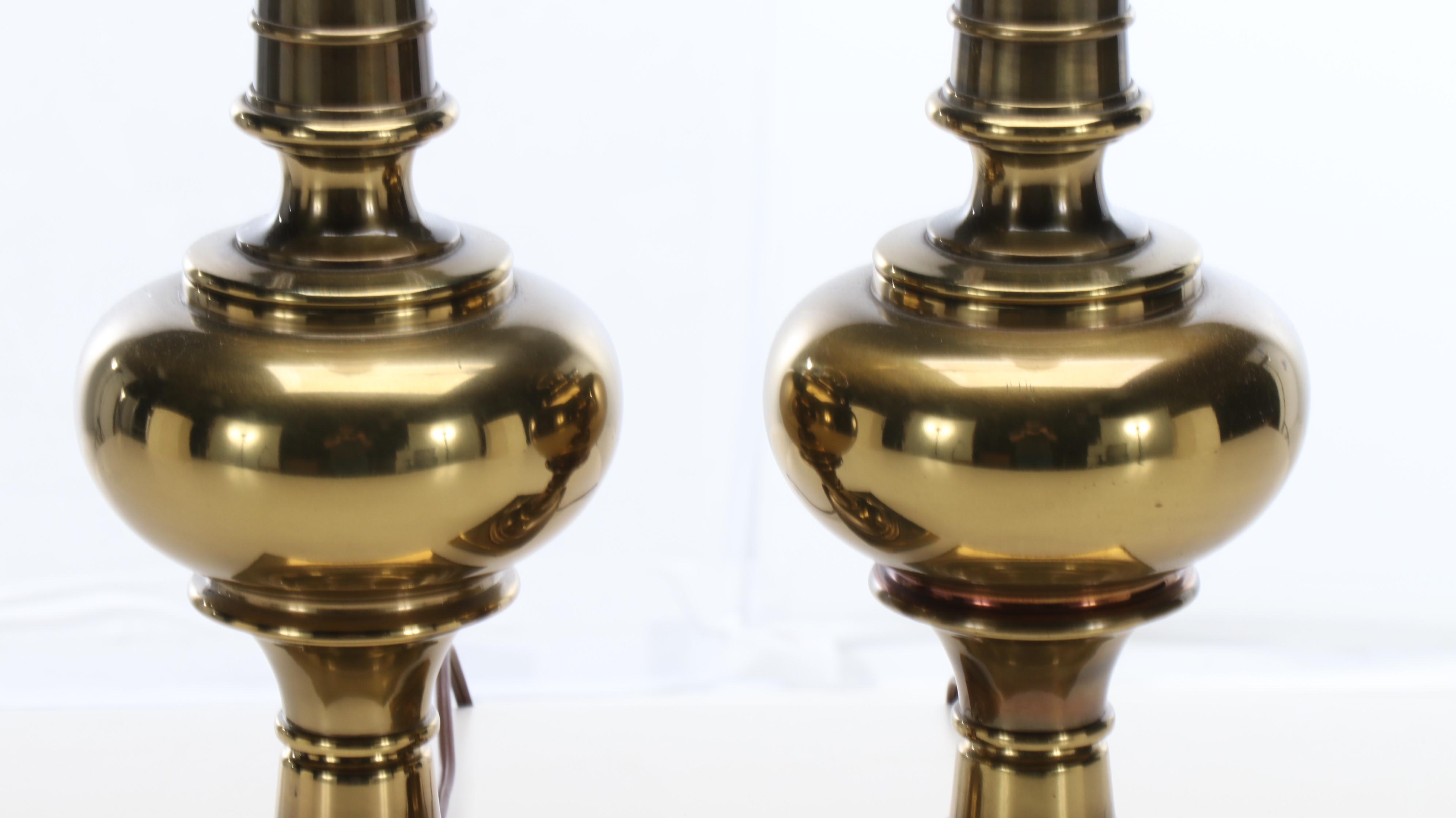 Pair of Stiffel Brass Tall Urn Table Lamps with Silk Panel Drum Shades