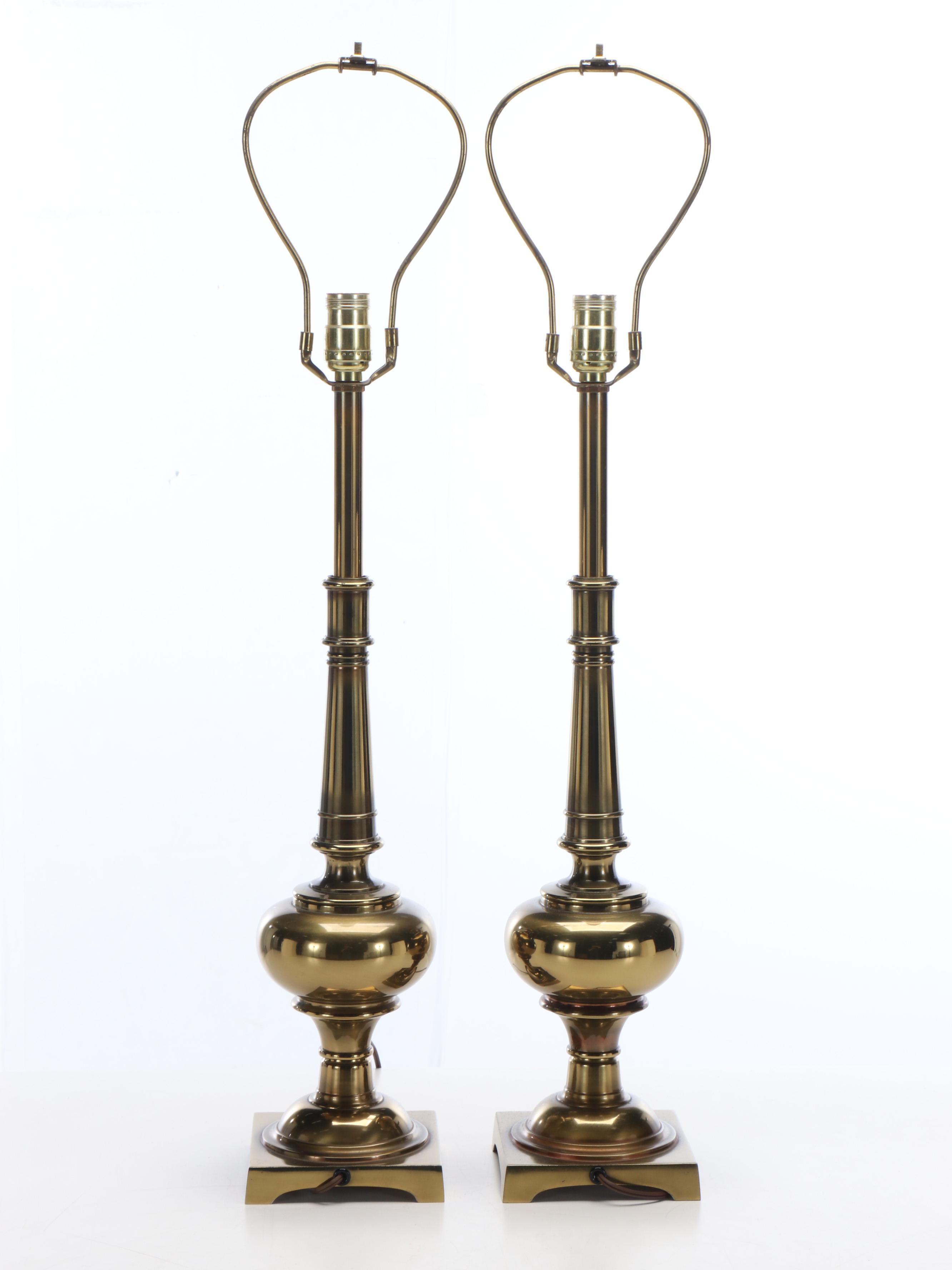 Pair of Stiffel Brass Tall Urn Table Lamps with Silk Panel Drum Shades