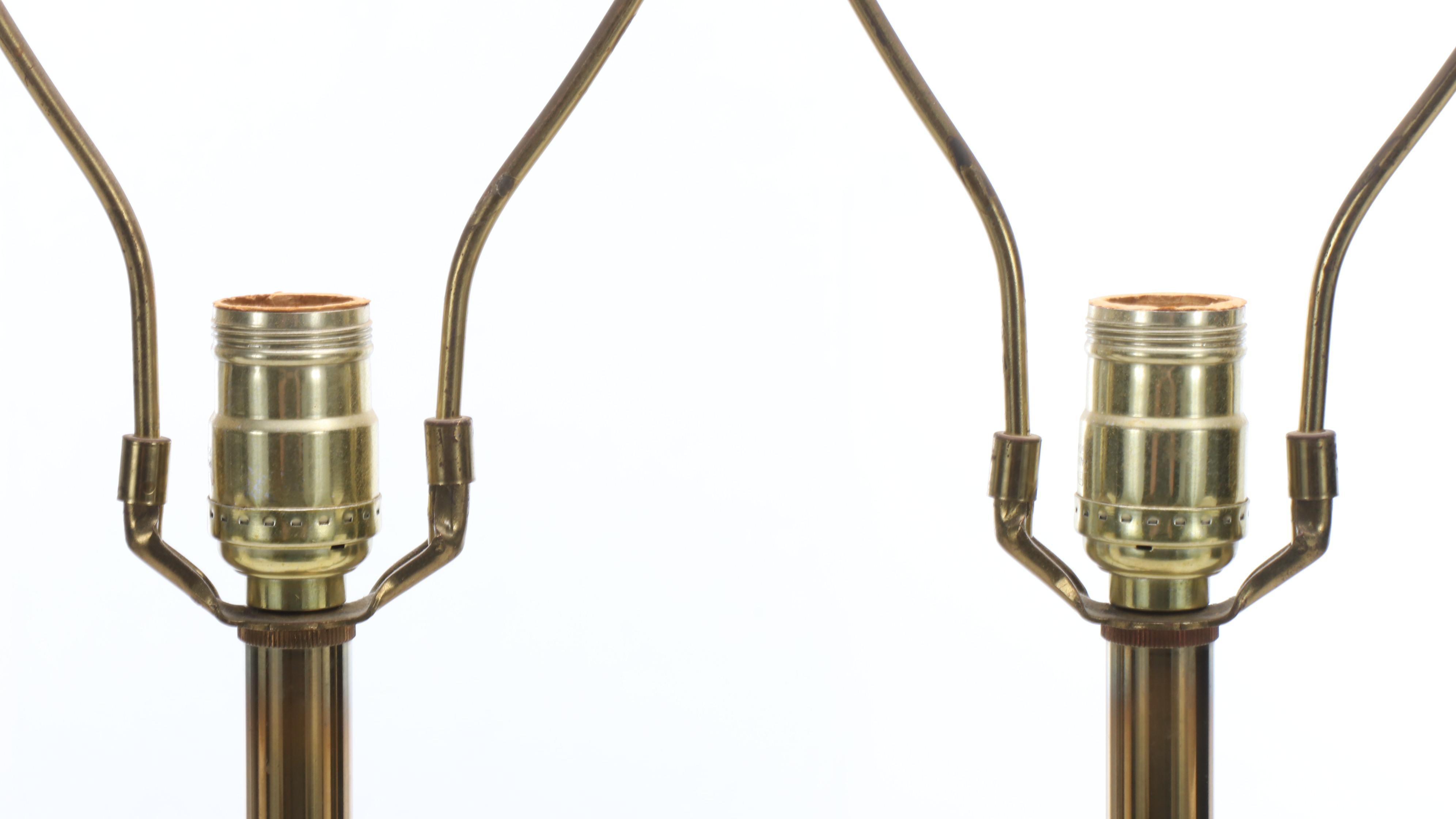 Pair of Stiffel Brass Tall Urn Table Lamps with Silk Panel Drum Shades