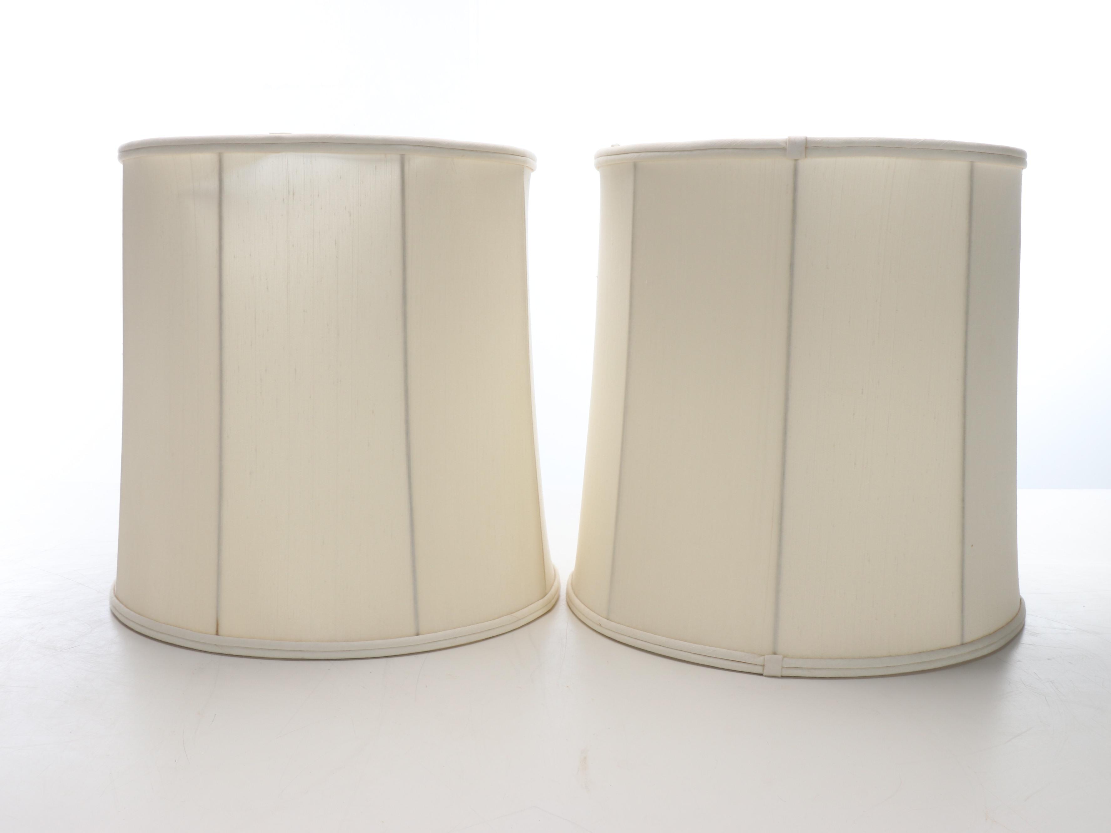 Pair of Stiffel Brass Tall Urn Table Lamps with Silk Panel Drum Shades