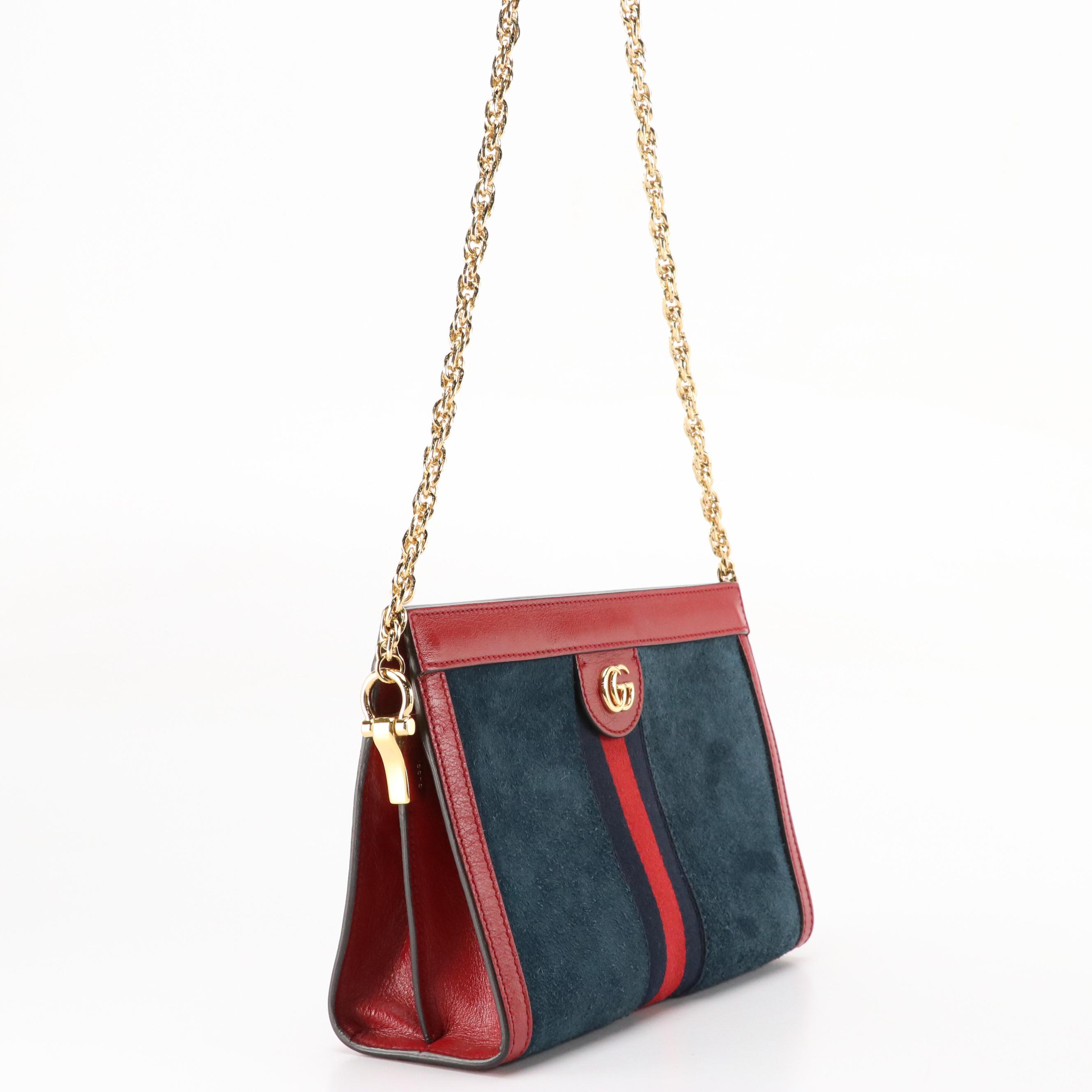 Gucci Ophidia GG Web Stripe Shoulder Bag in Navy Suede and Red Leather