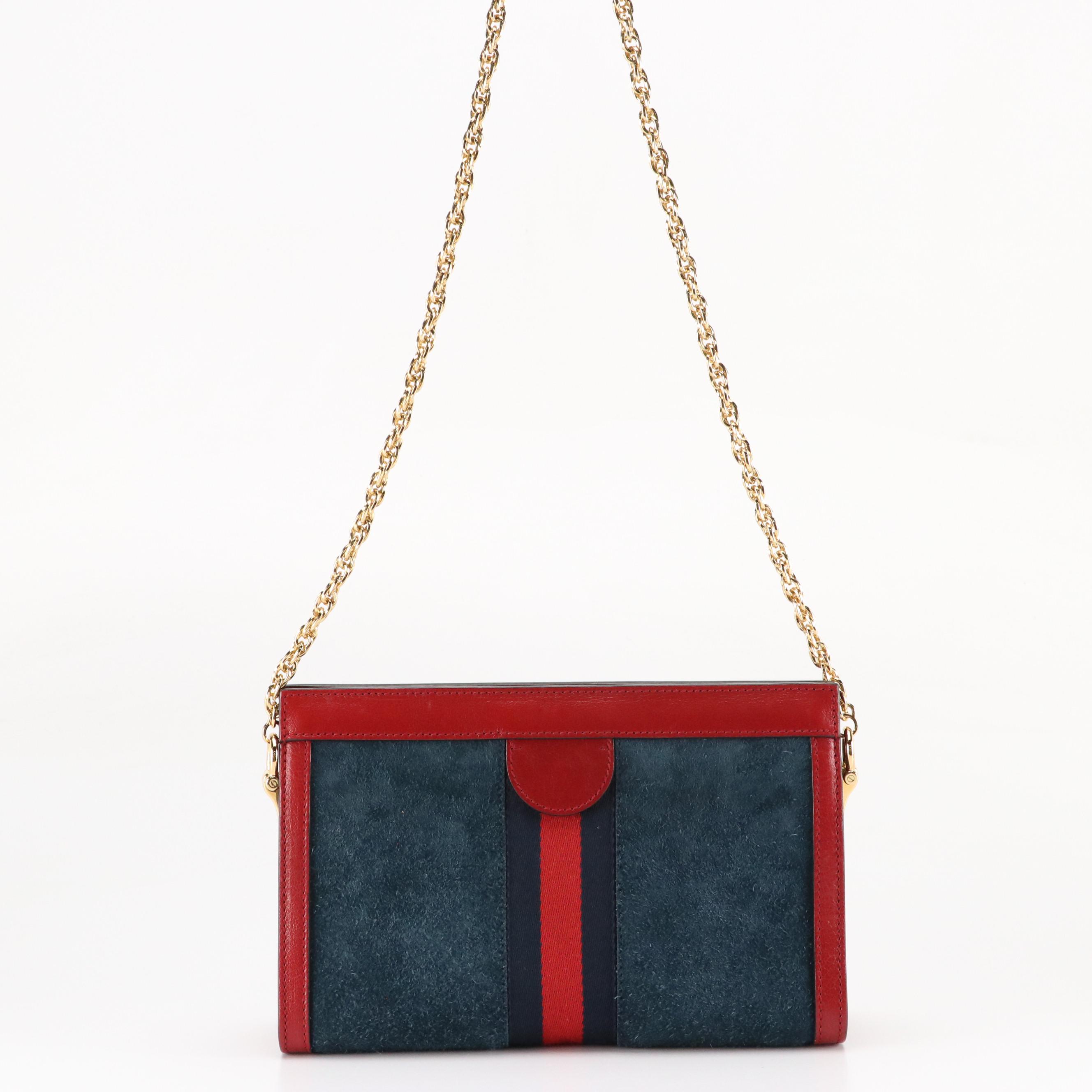 Gucci Ophidia GG Web Stripe Shoulder Bag in Navy Suede and Red Leather