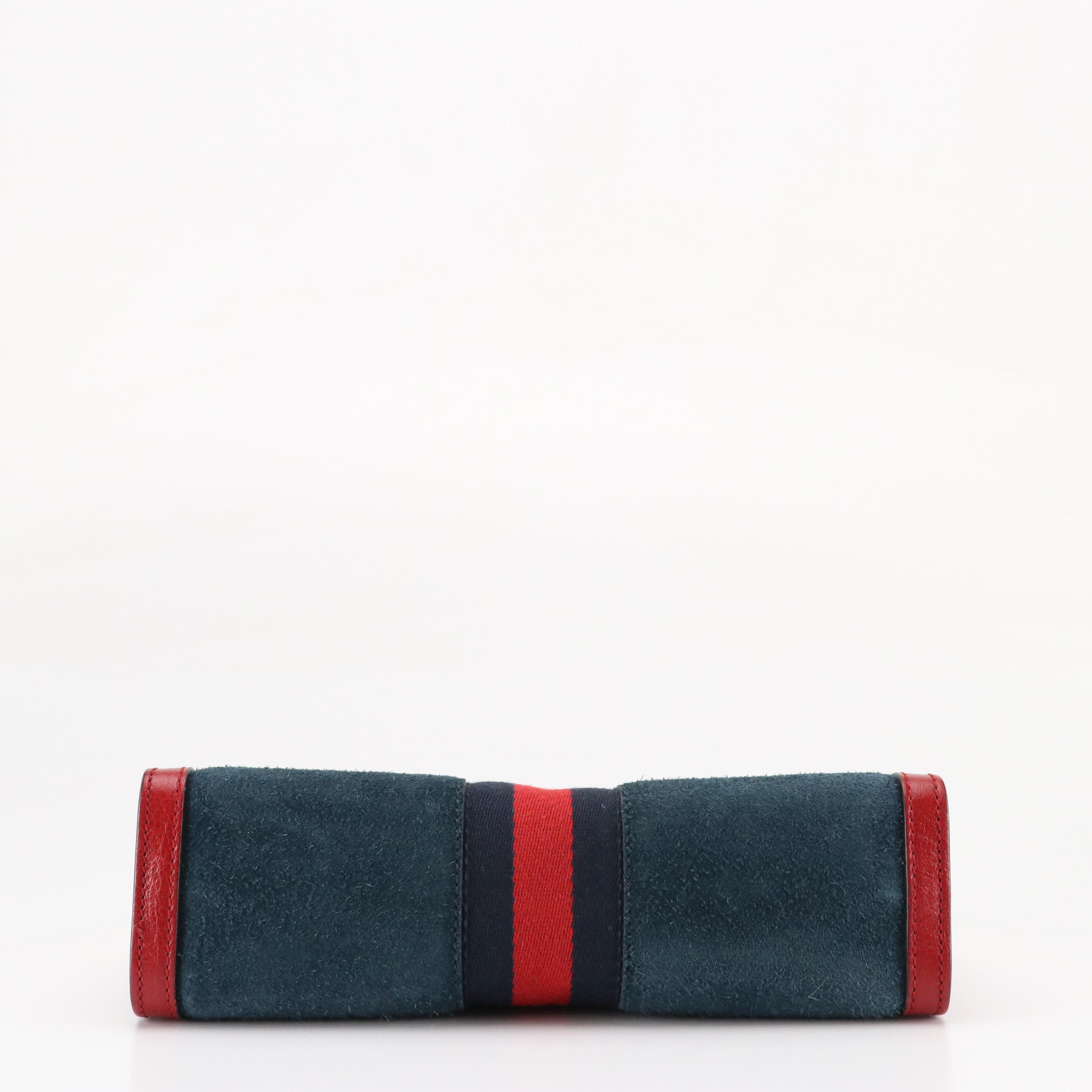 Gucci Ophidia GG Web Stripe Shoulder Bag in Navy Suede and Red Leather