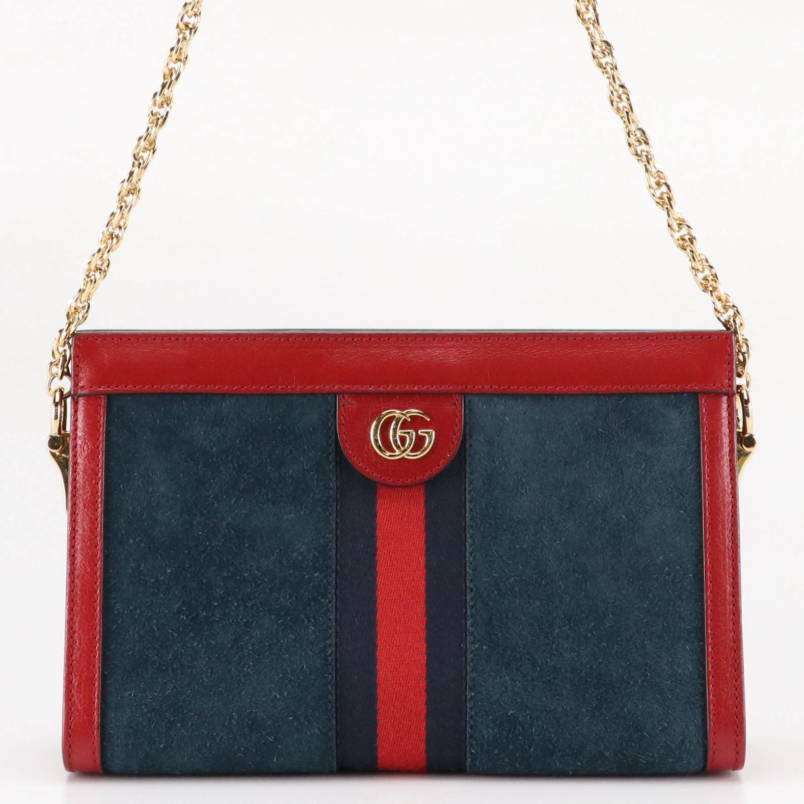 Gucci Ophidia GG Web Stripe Shoulder Bag in Navy Suede and Red Leather
