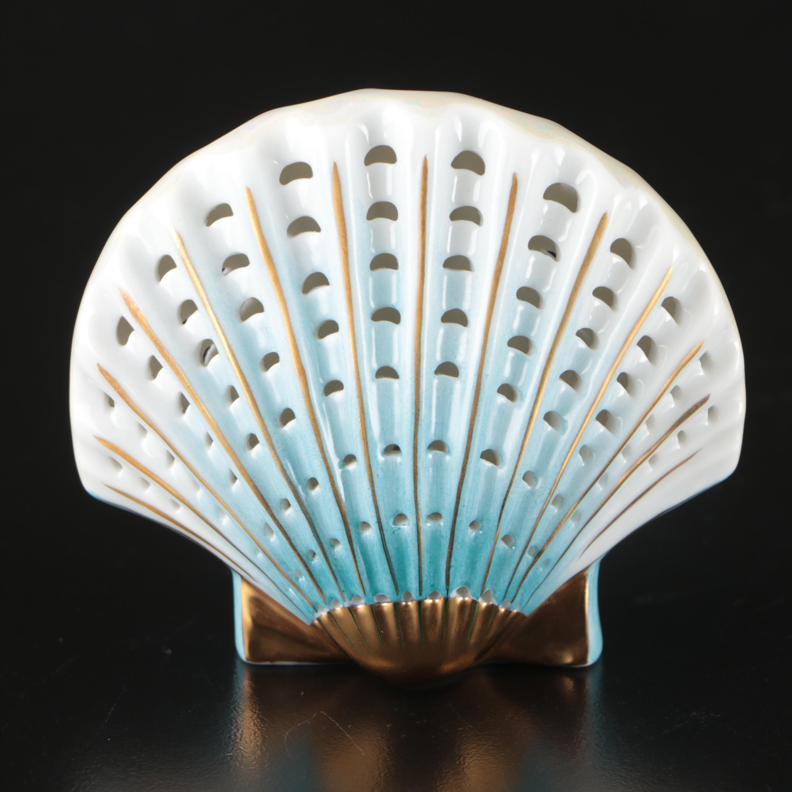 Herend Blue with Gold "Sea Shell" Openwork Porcelain Figurine