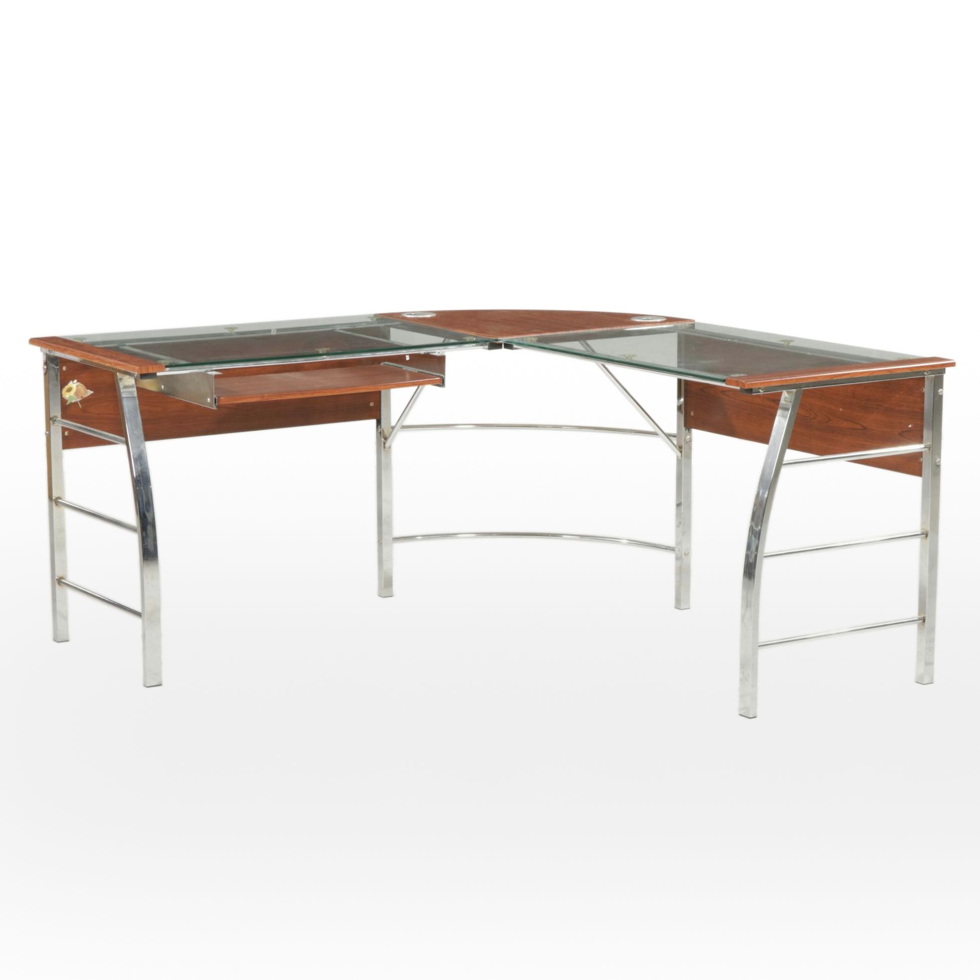 Contemporary Metal Curved Computer Desk with Glass and Wood Grain Top