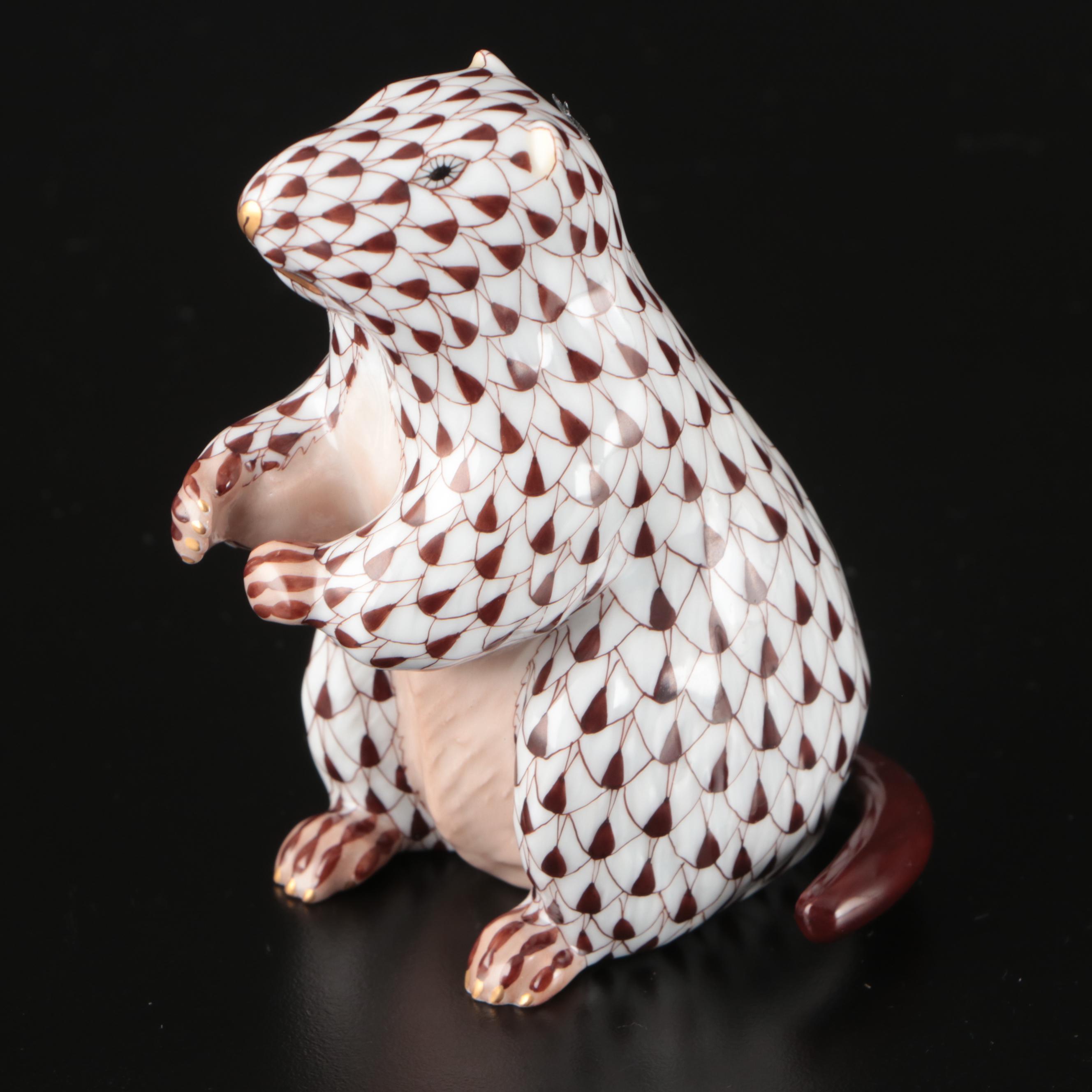 Herend Chocolate Fishnet with Gold "Woodchuck" Porcelain Figurine