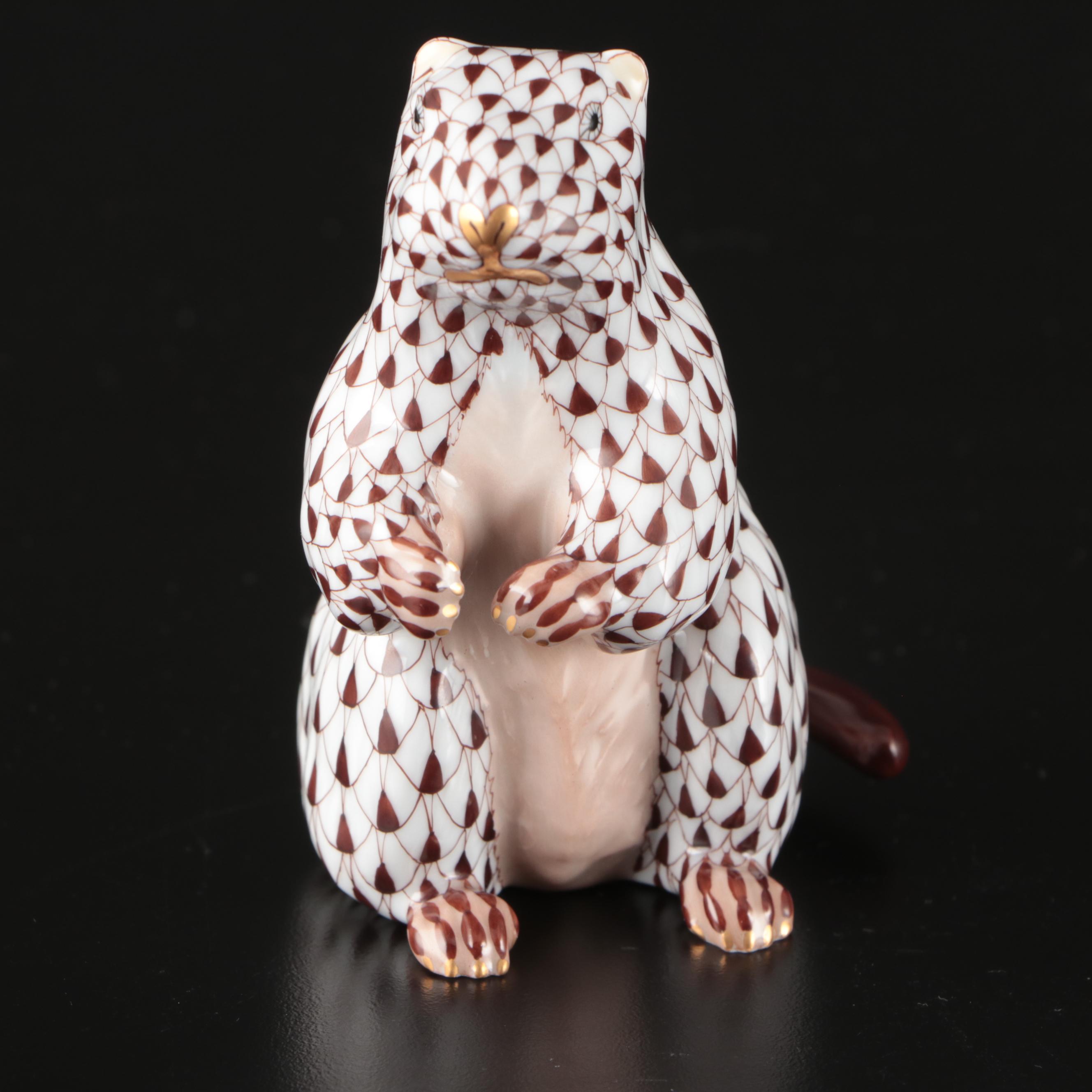 Herend Chocolate Fishnet with Gold "Woodchuck" Porcelain Figurine