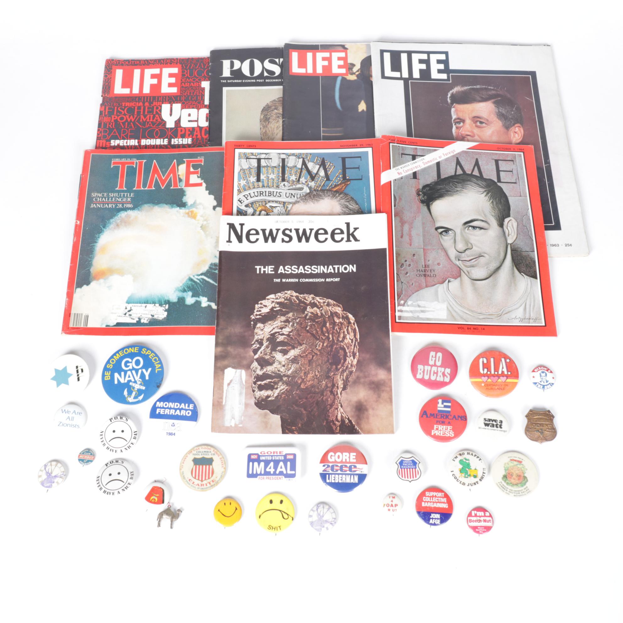 Time, LIFE, Newsweek & More Magazines Mourning John F. Kennedy with Buttons, 60s