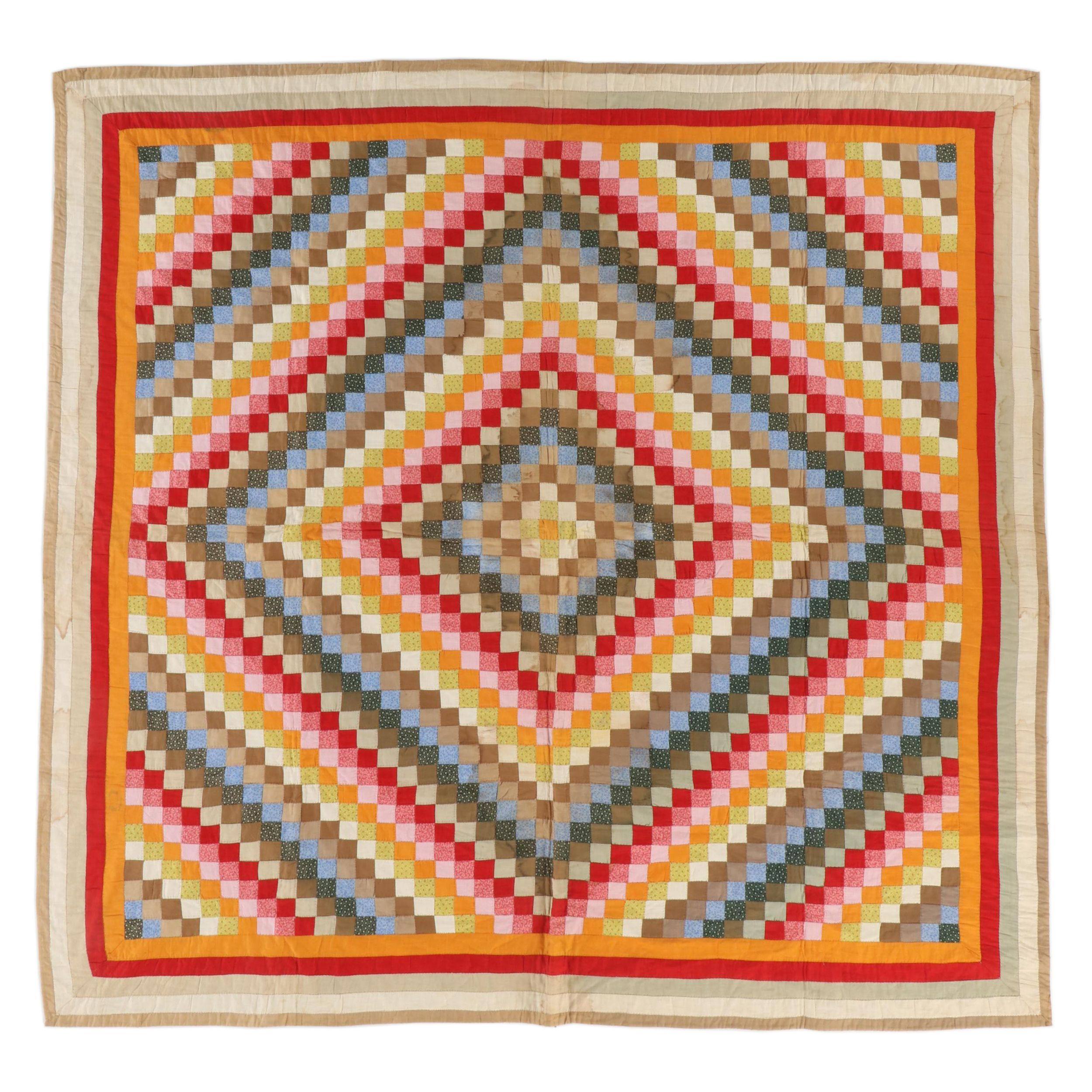 Hand-Pieced and Hand-Stitched Multicolor "Trip Around The World" Quilt