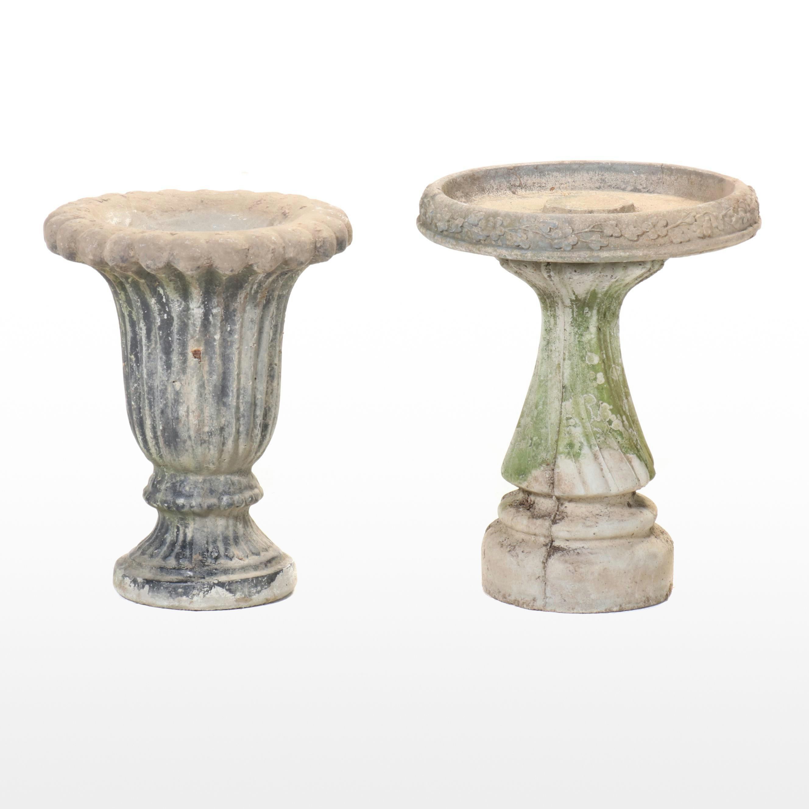 Floral Concrete Birdbath with Footed Planter