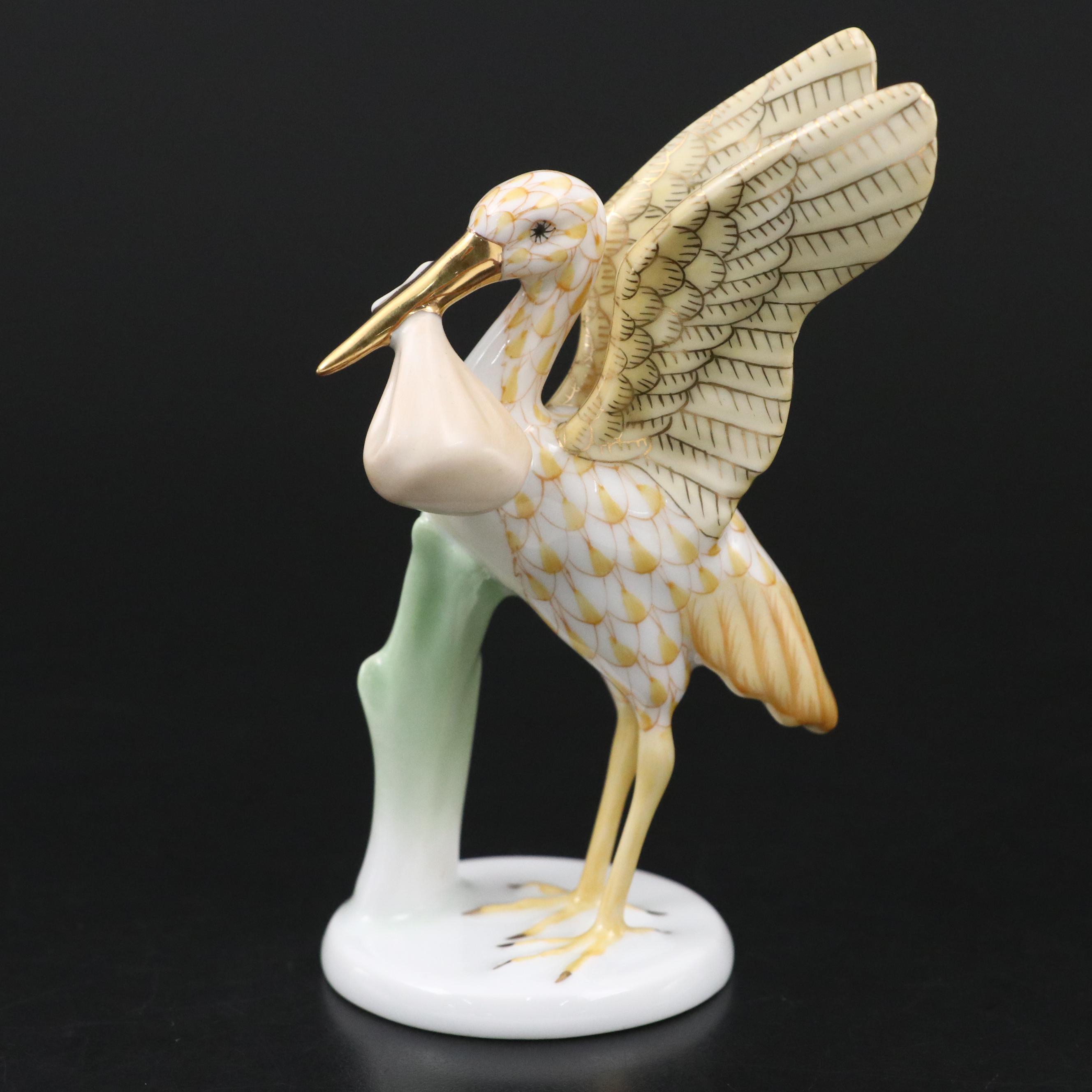 Herend Butterscotch Fishnet with Gold "Stork & Baby" Porcelain Figurine