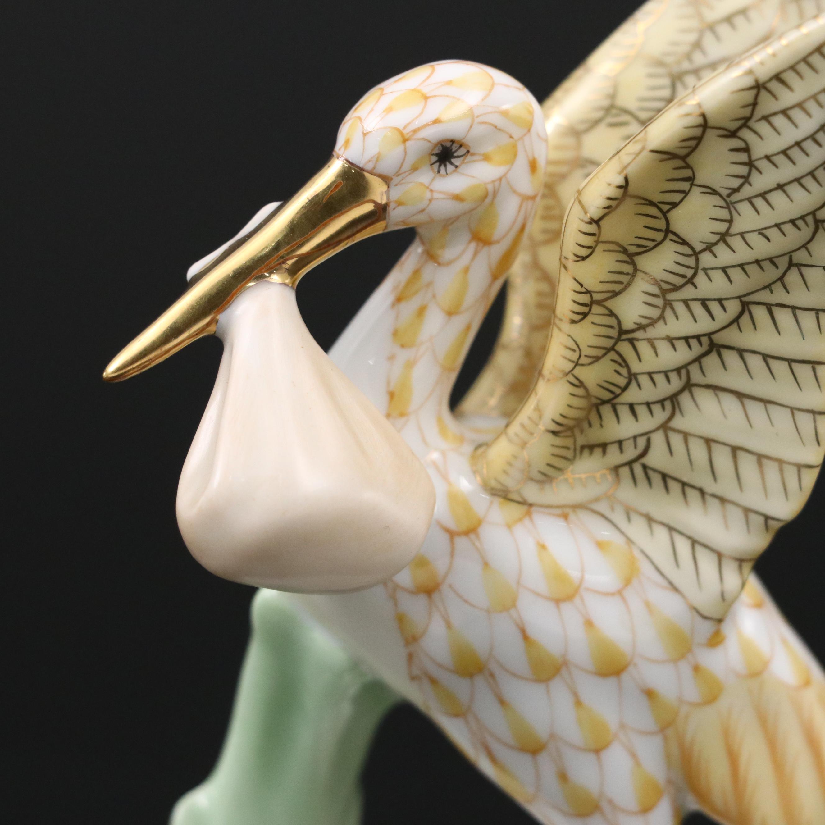 Herend Butterscotch Fishnet with Gold "Stork & Baby" Porcelain Figurine