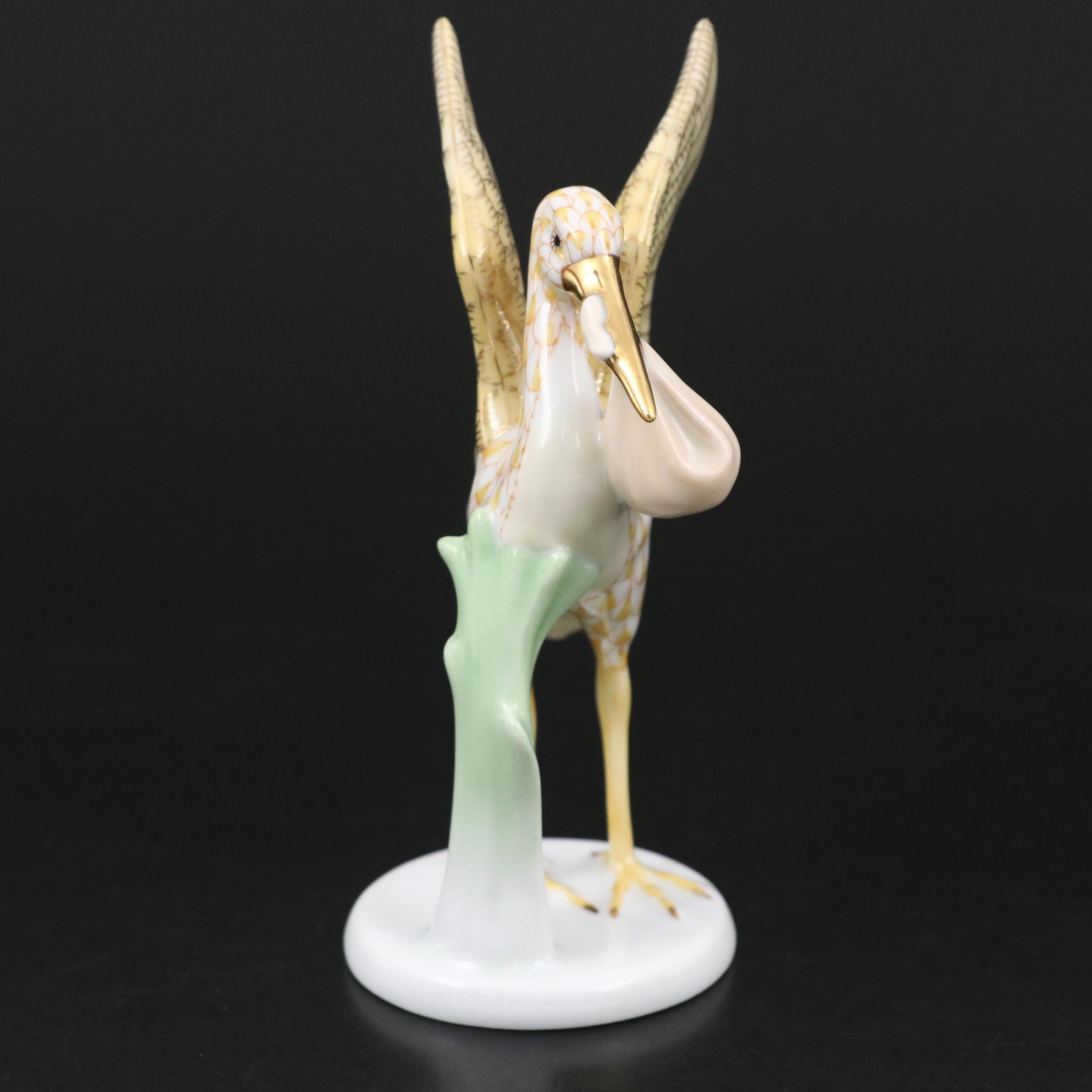 Herend Butterscotch Fishnet with Gold "Stork & Baby" Porcelain Figurine
