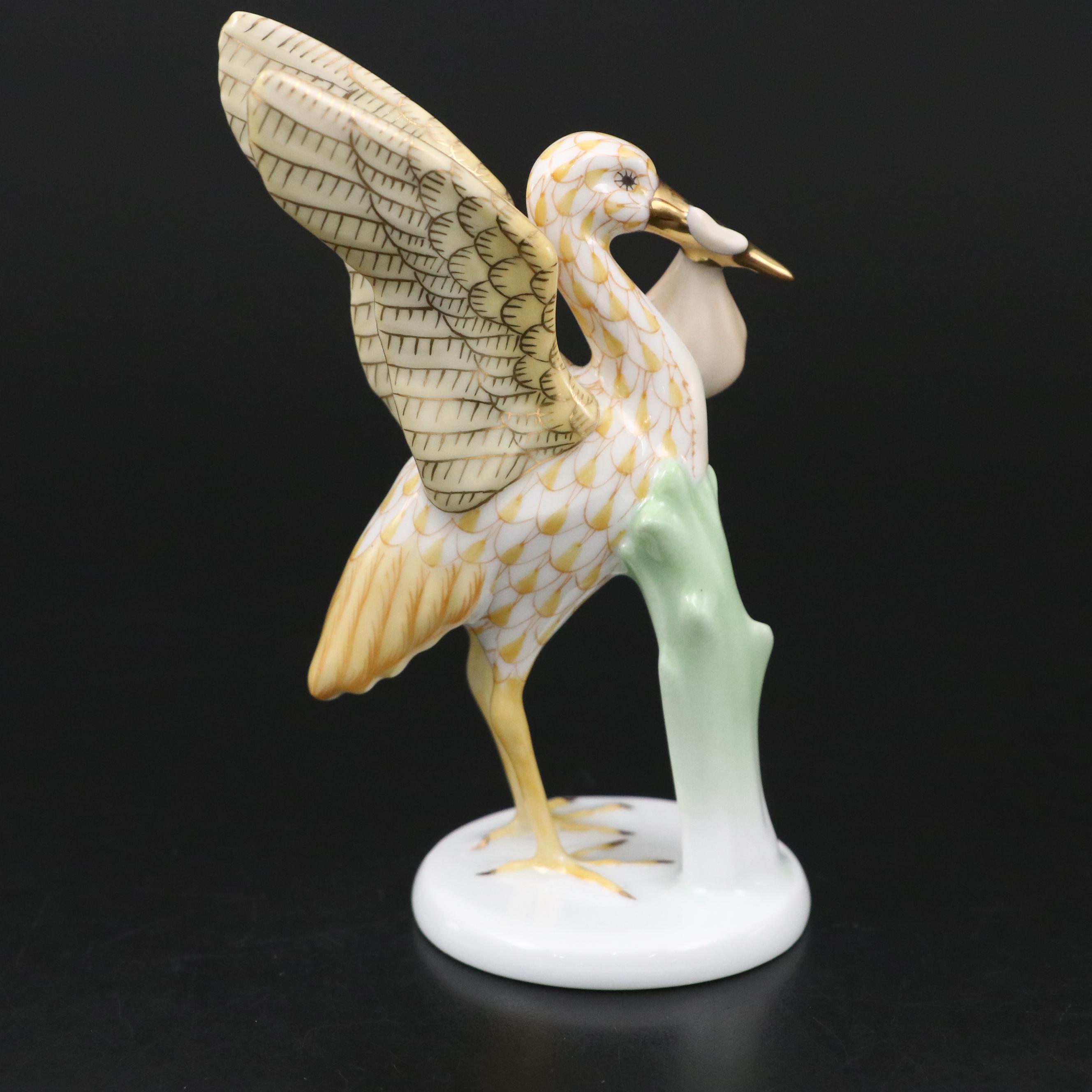 Herend Butterscotch Fishnet with Gold "Stork & Baby" Porcelain Figurine
