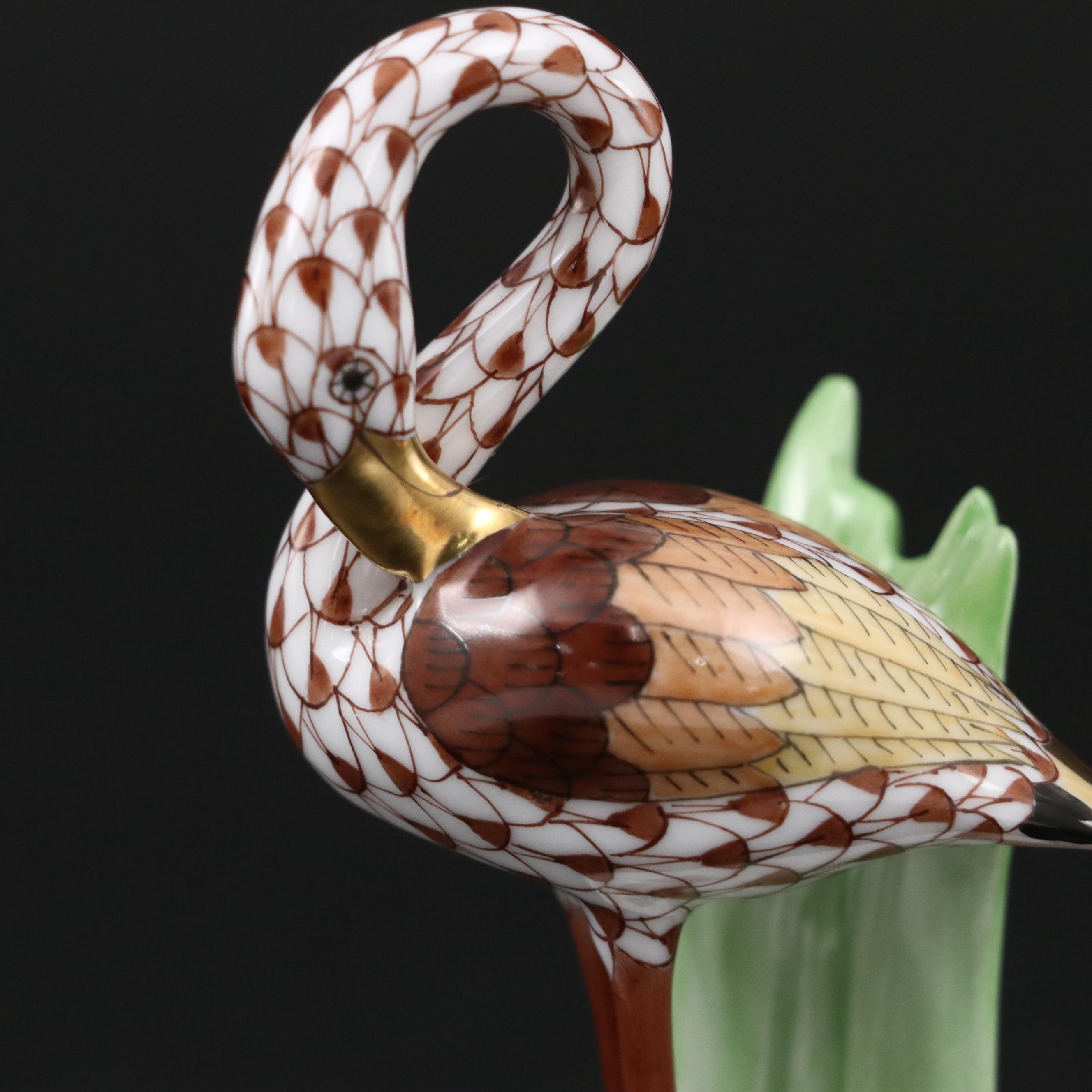 Herend Chocolate Fishnet with Gold "Little Flamingo" Porcelain Figurine