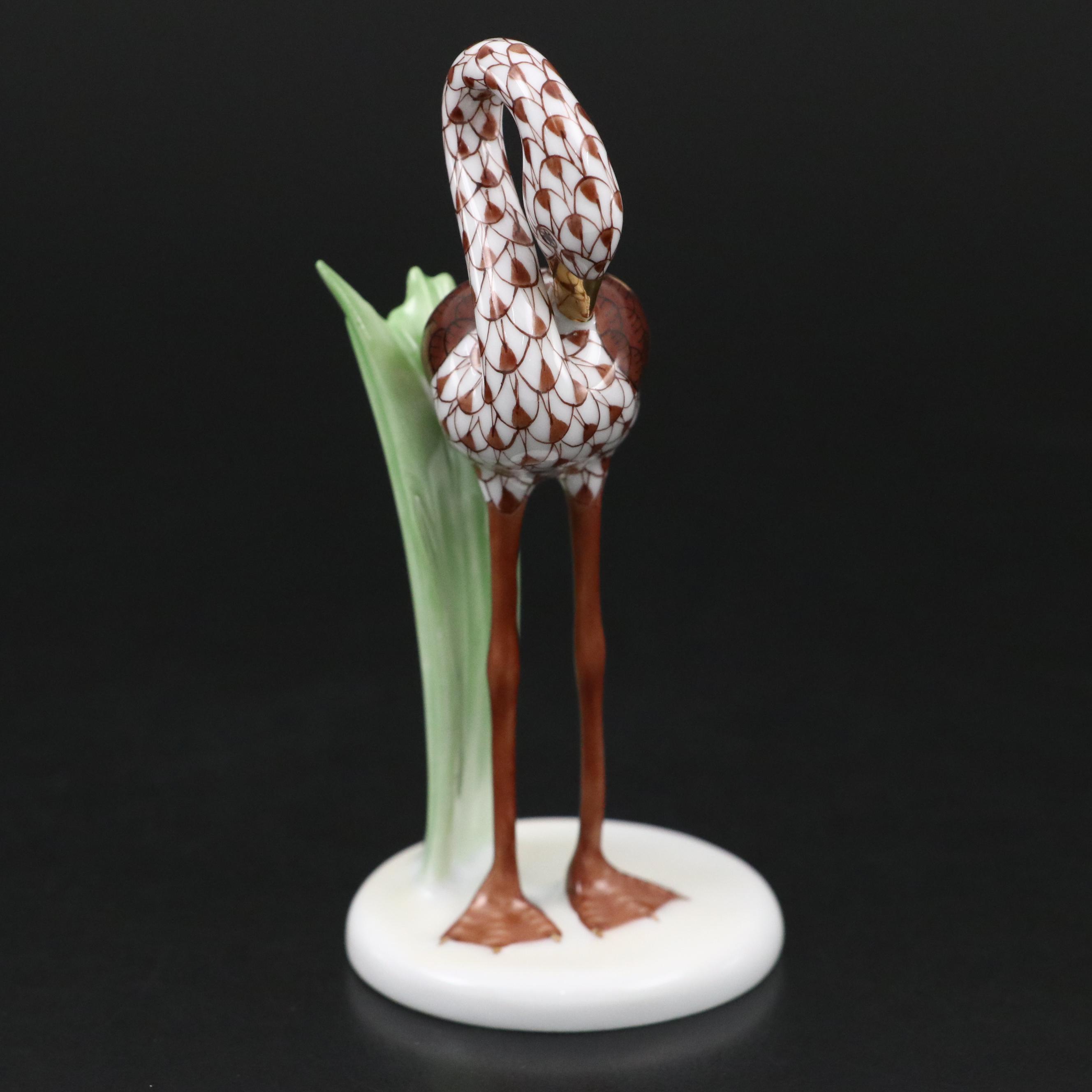 Herend Chocolate Fishnet with Gold "Little Flamingo" Porcelain Figurine