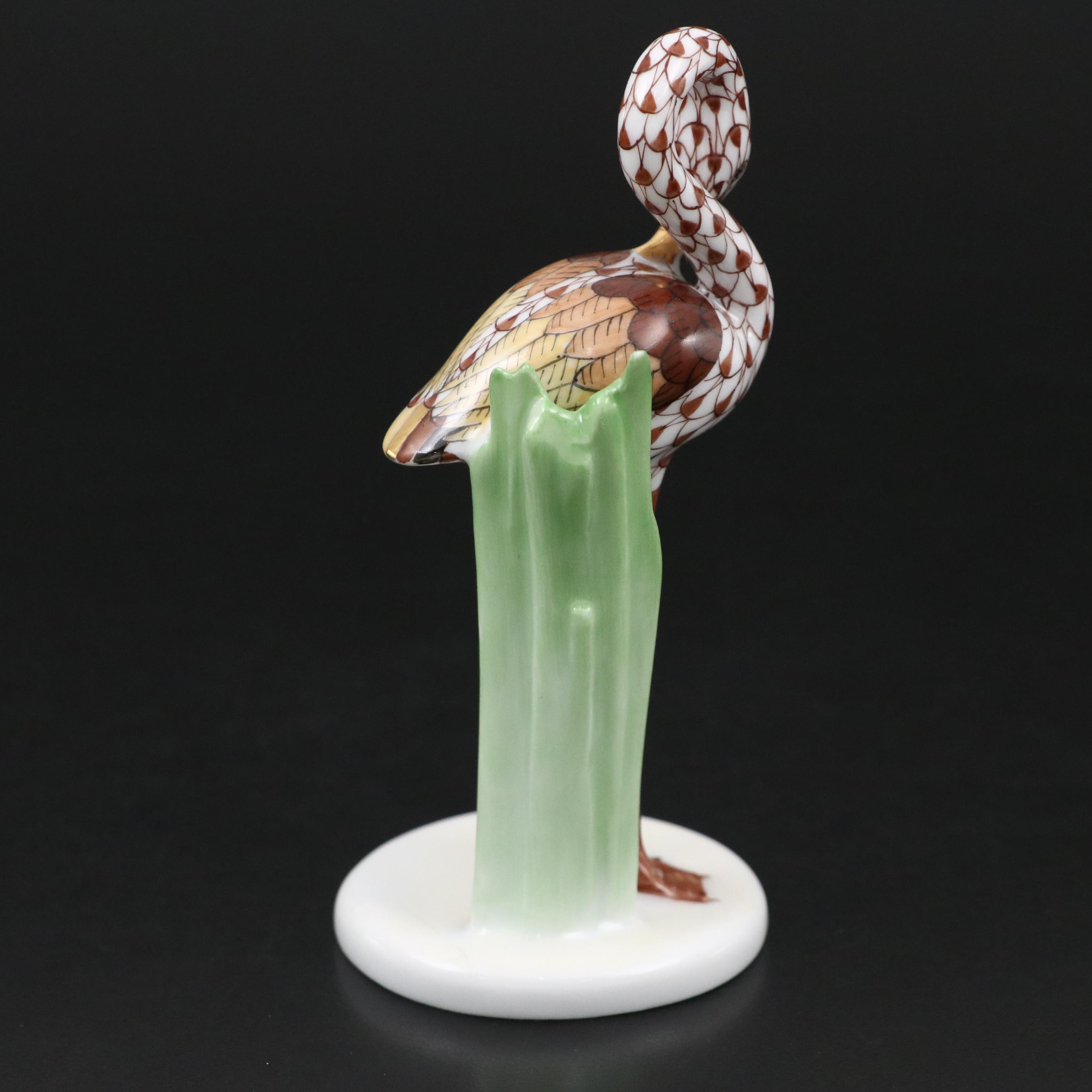 Herend Chocolate Fishnet with Gold "Little Flamingo" Porcelain Figurine