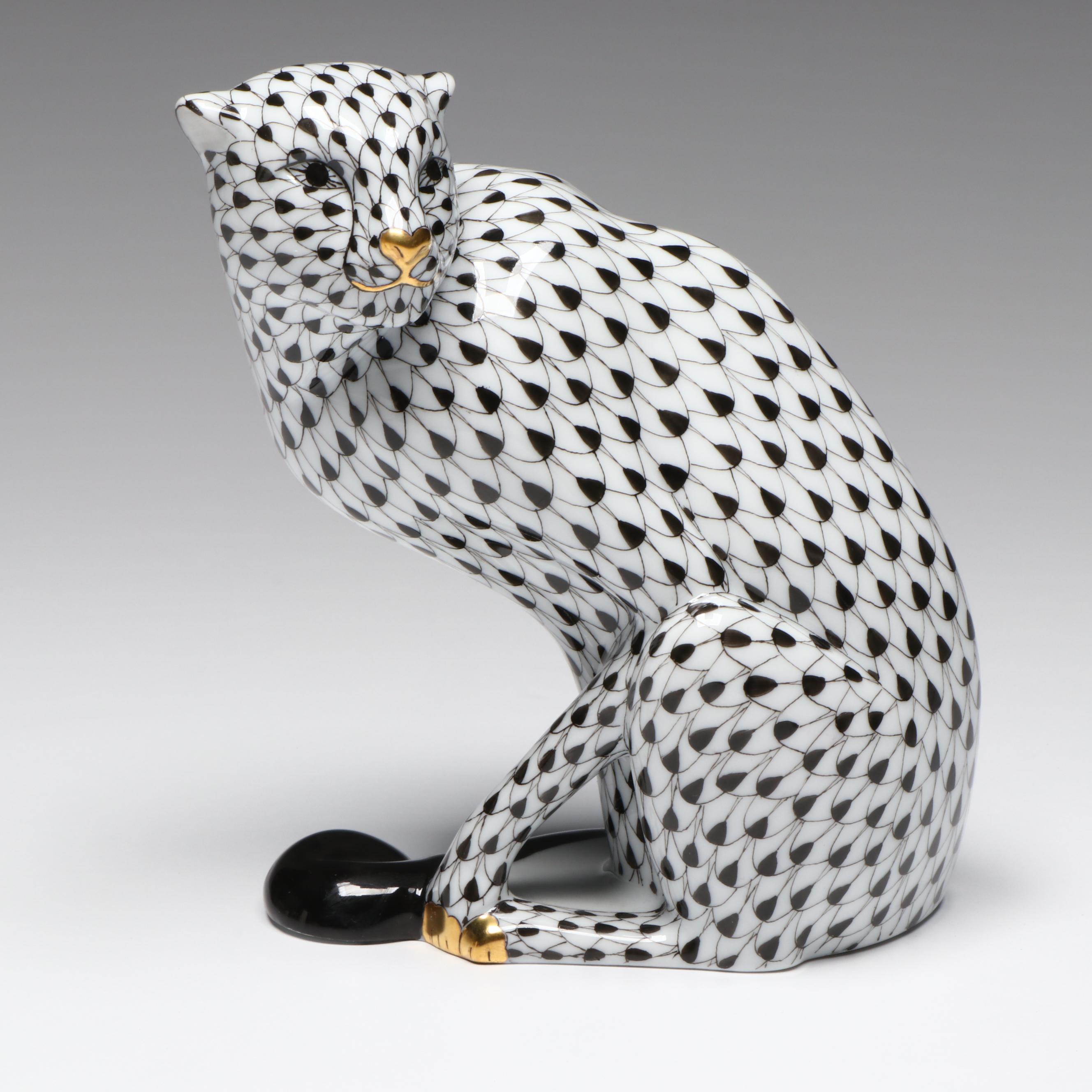 Herend Black Fishnet with Gold "Cheetah" Porcelain Figurine