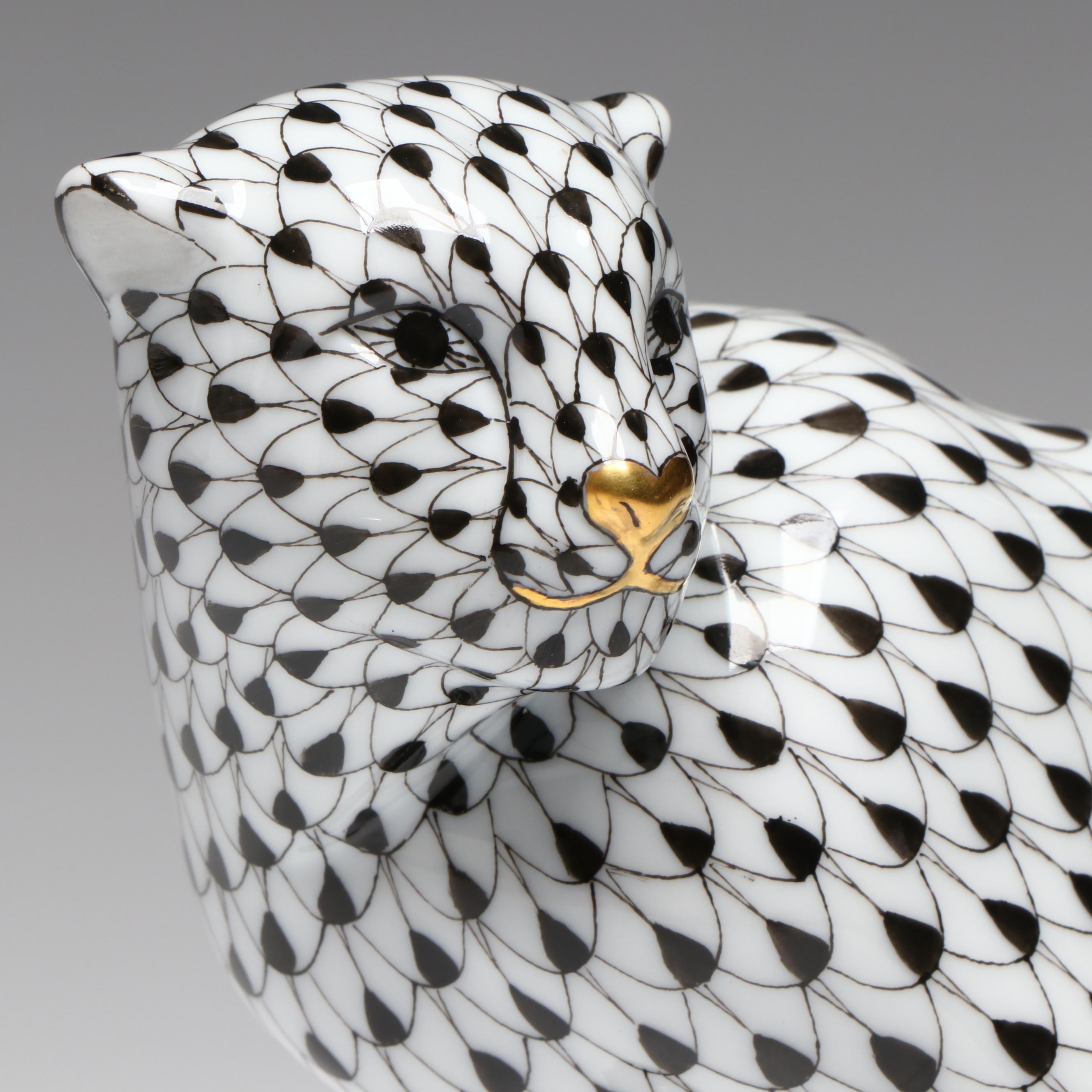 Herend Black Fishnet with Gold "Cheetah" Porcelain Figurine