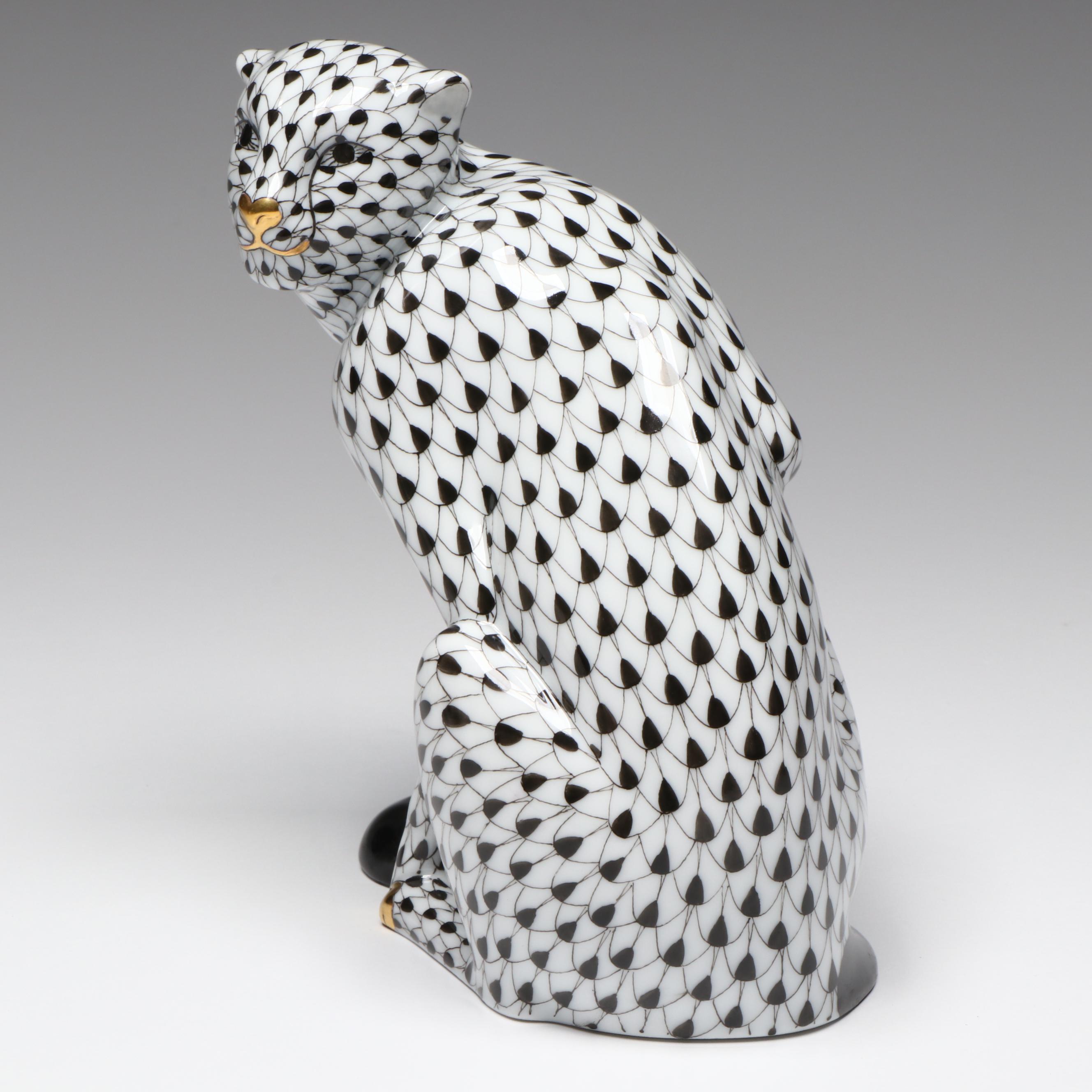 Herend Black Fishnet with Gold "Cheetah" Porcelain Figurine