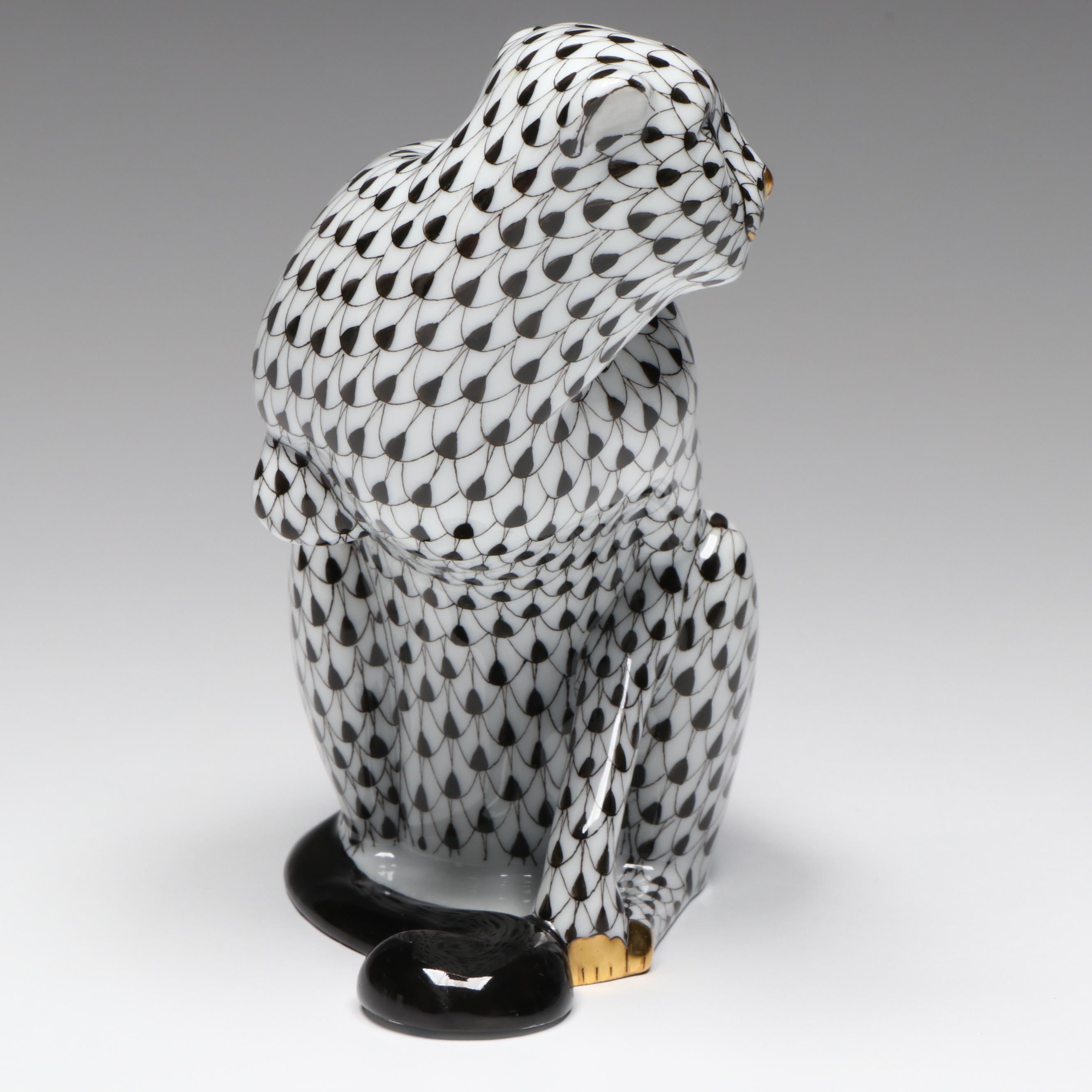 Herend Black Fishnet with Gold "Cheetah" Porcelain Figurine
