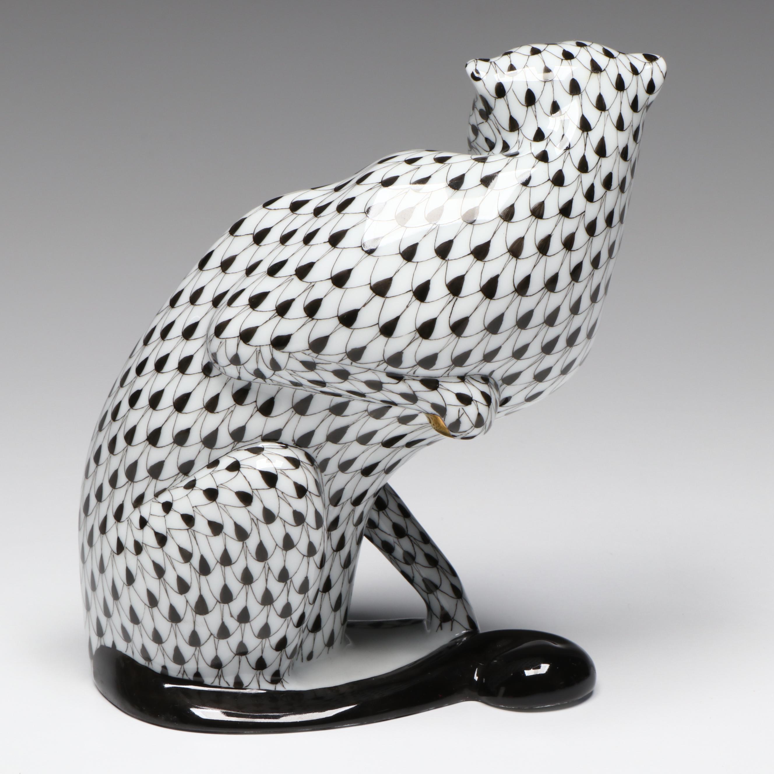 Herend Black Fishnet with Gold "Cheetah" Porcelain Figurine