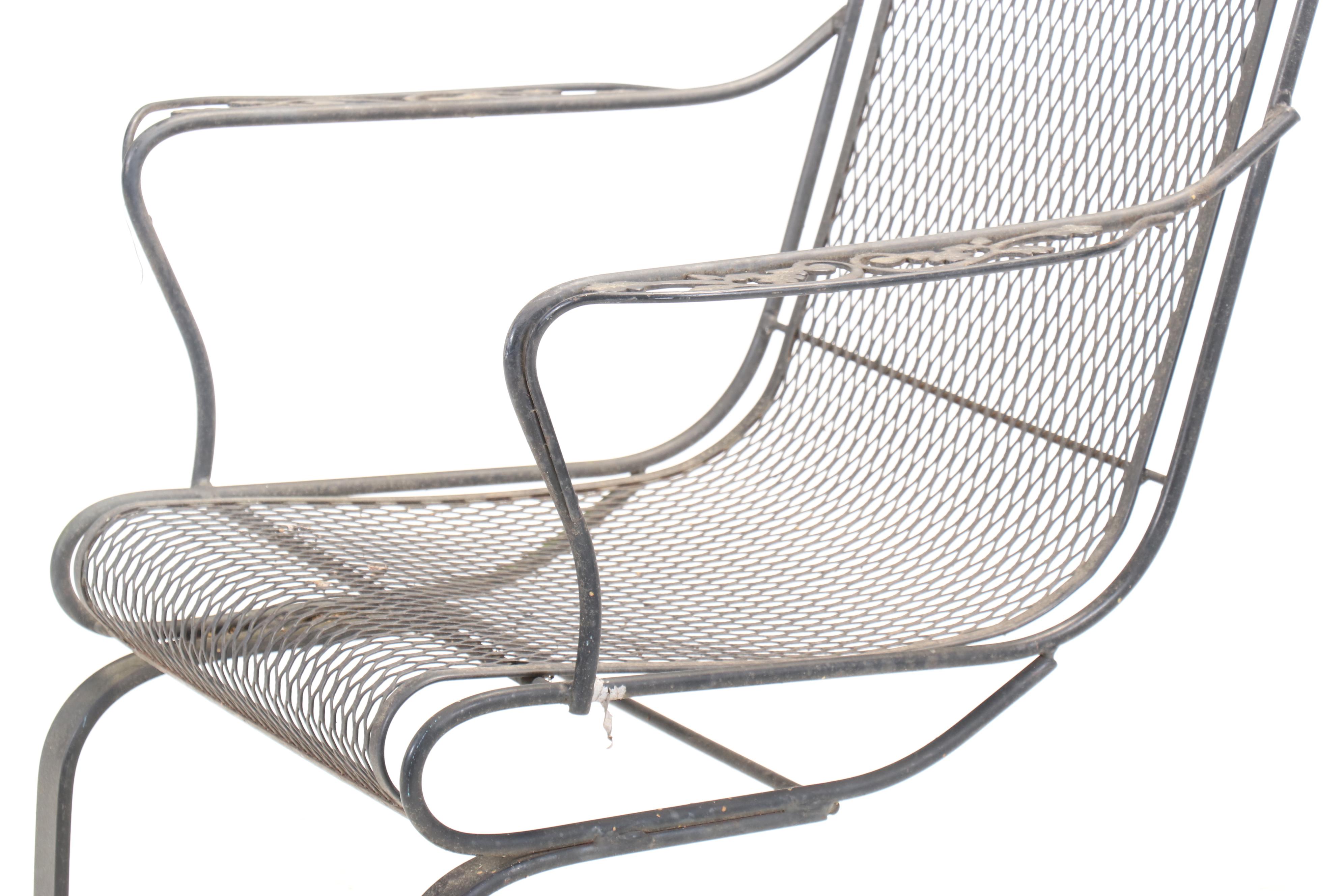 Set of Four Wrought Iron Cantilever Patio Chairs with Nesting Tables