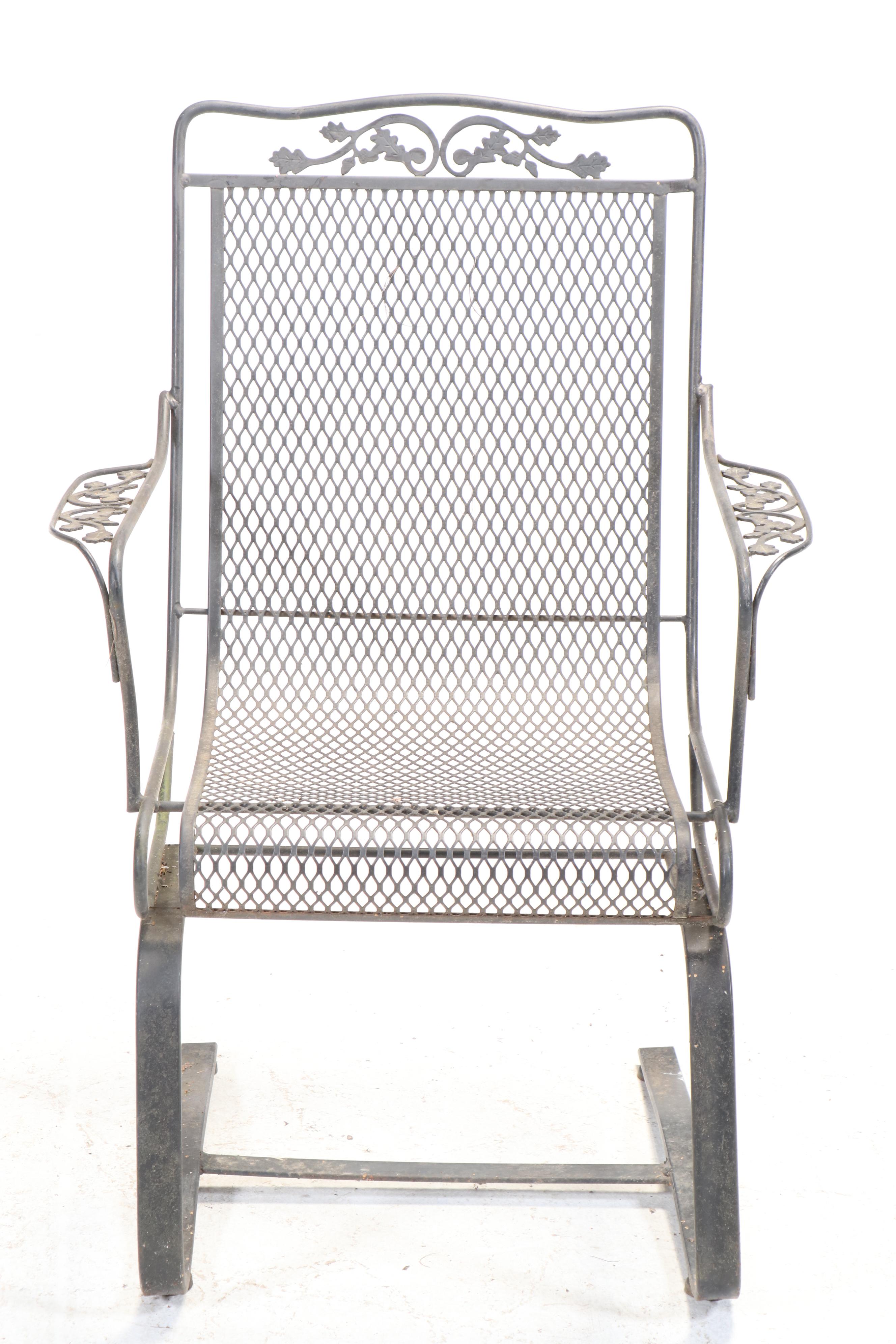 Set of Four Wrought Iron Cantilever Patio Chairs with Nesting Tables