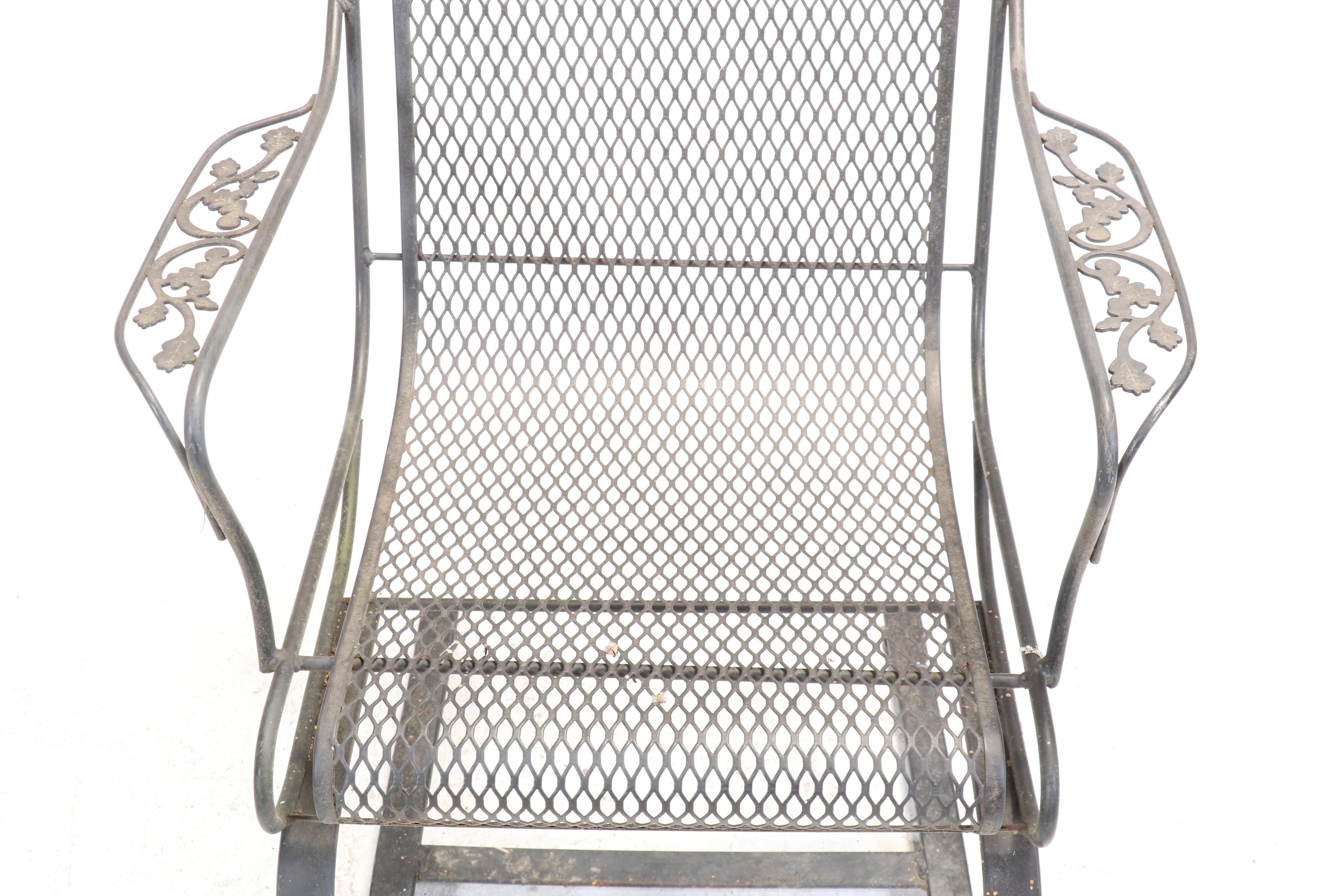 Set of Four Wrought Iron Cantilever Patio Chairs with Nesting Tables