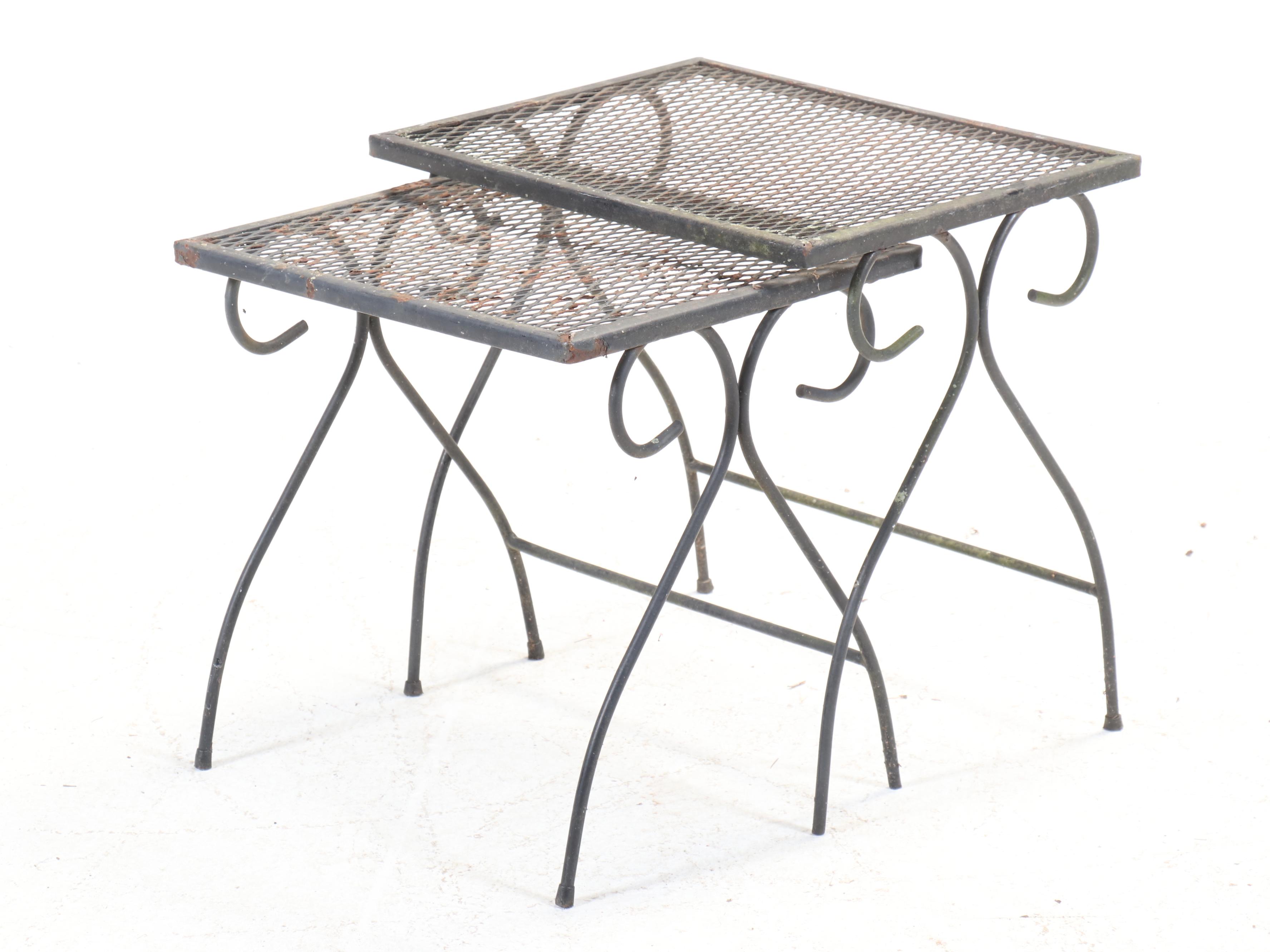 Set of Four Wrought Iron Cantilever Patio Chairs with Nesting Tables