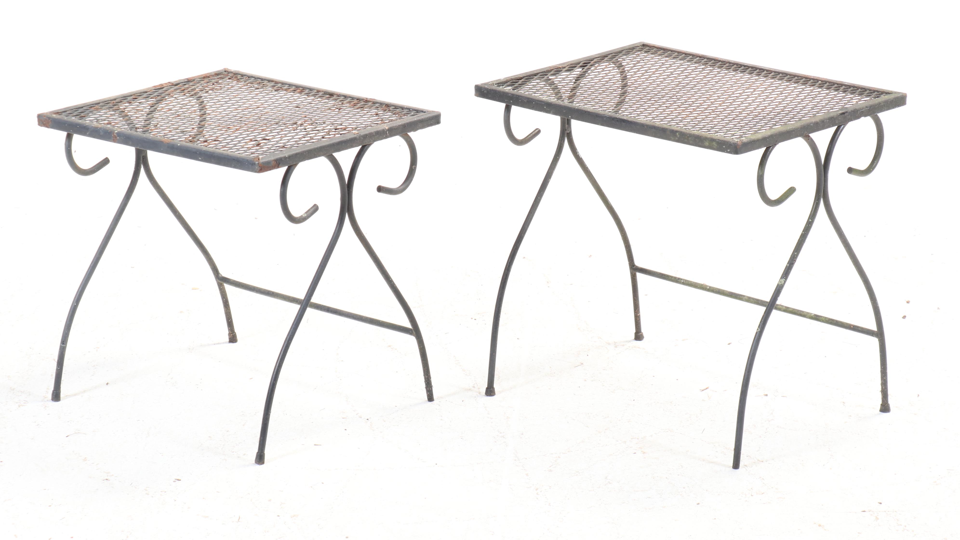 Set of Four Wrought Iron Cantilever Patio Chairs with Nesting Tables