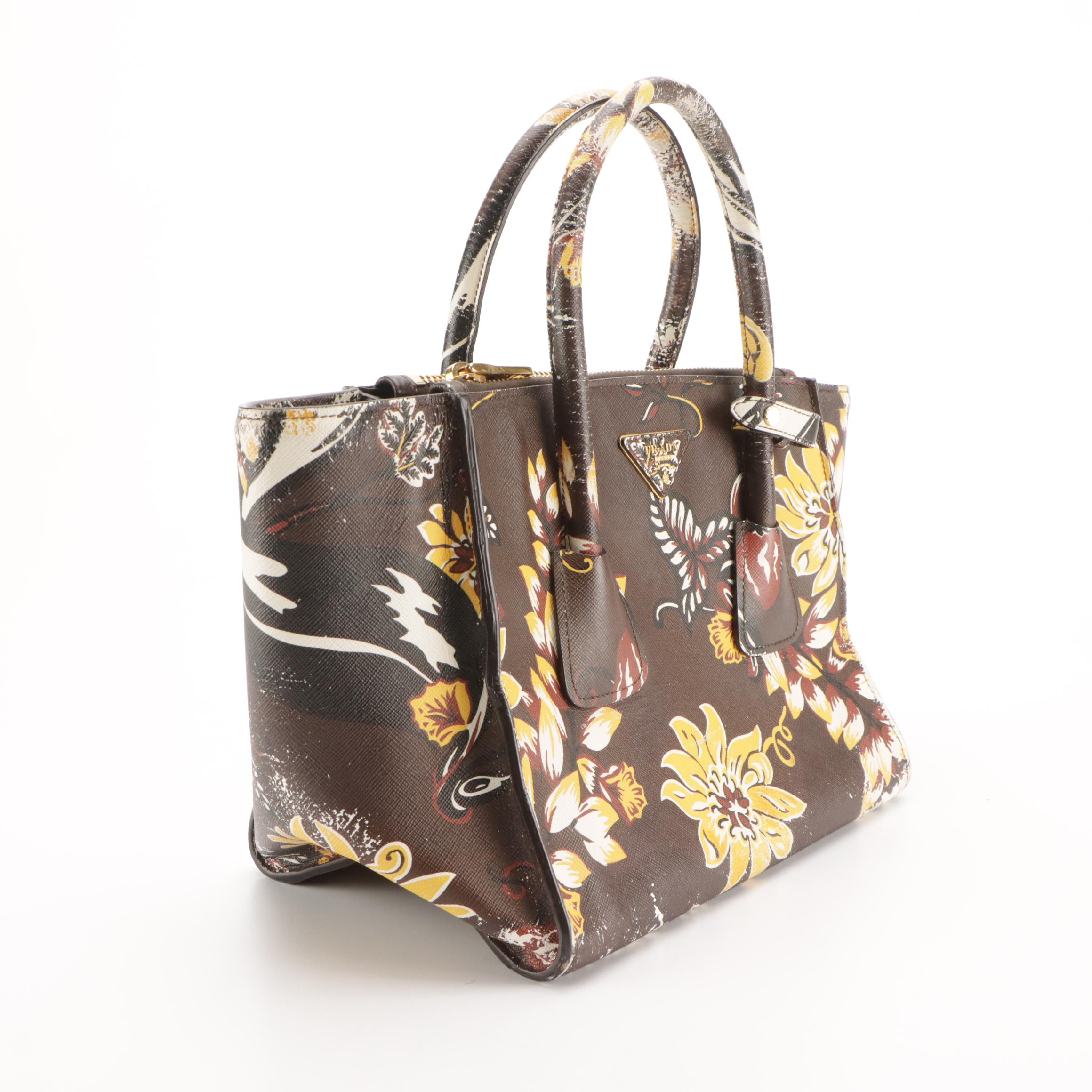 Prada Twin Zip Pocket Medium Tote in Cafe Floral Print Saffiano Leather